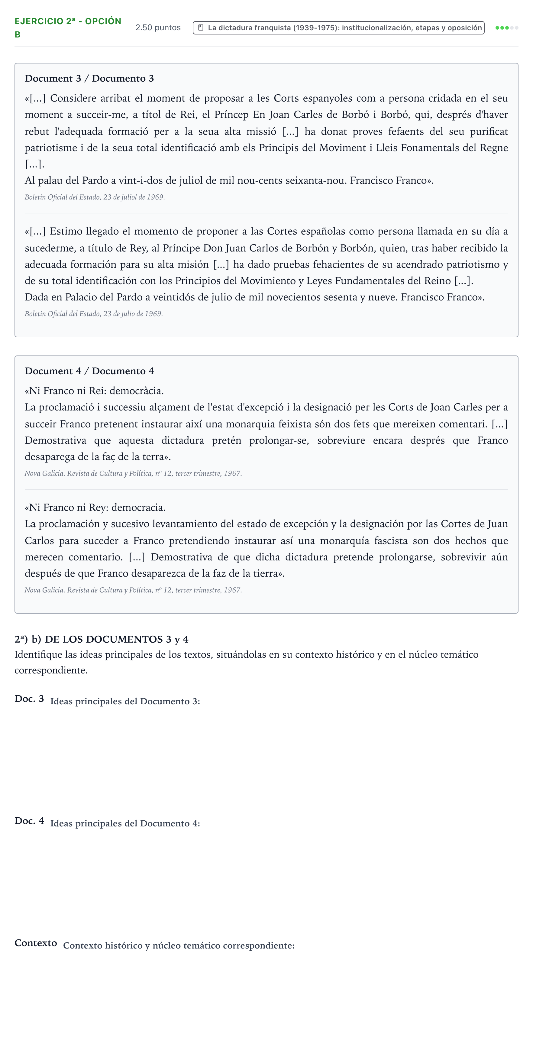 Enunciado: Ejercicio 2ª - Opción b · Historia de España PAU Valencia Extraordinaria 2021