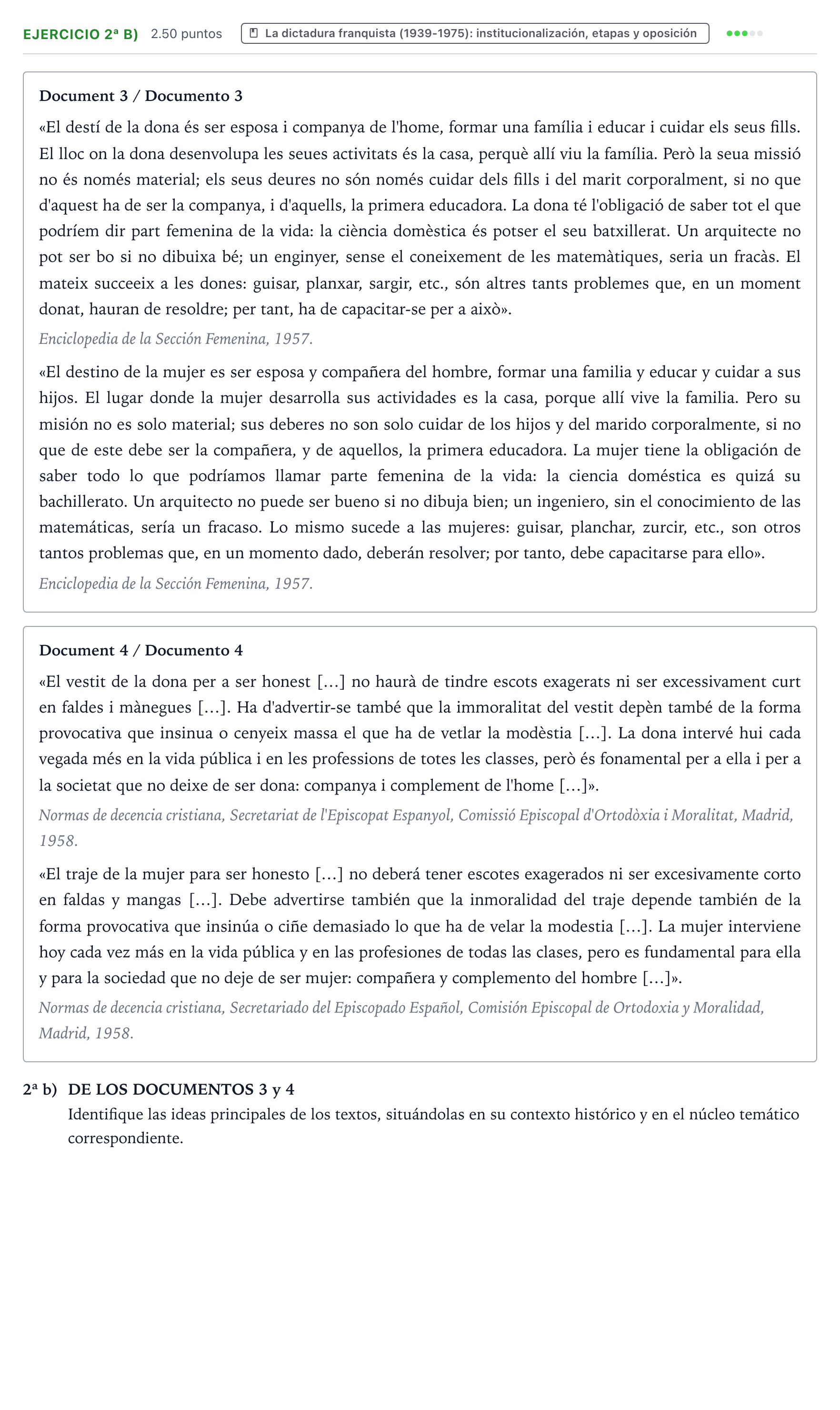 Enunciado: Ejercicio 2ª b) · Historia de España PAU Valencia Ordinaria 2021