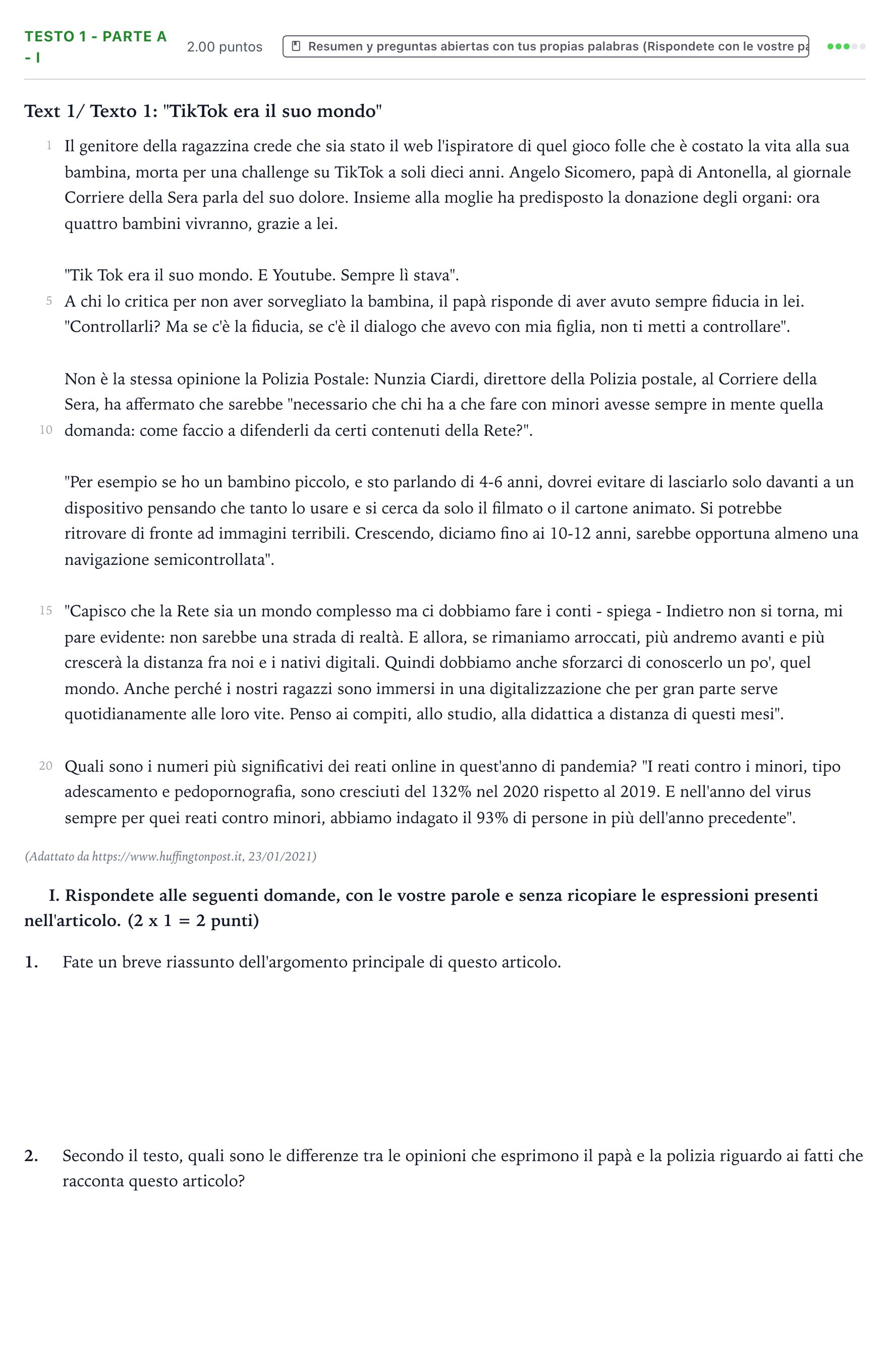 Enunciado: Ejercicio Testo 1 - Parte A - I · Italiano PAU Valencia Extraordinaria 2021