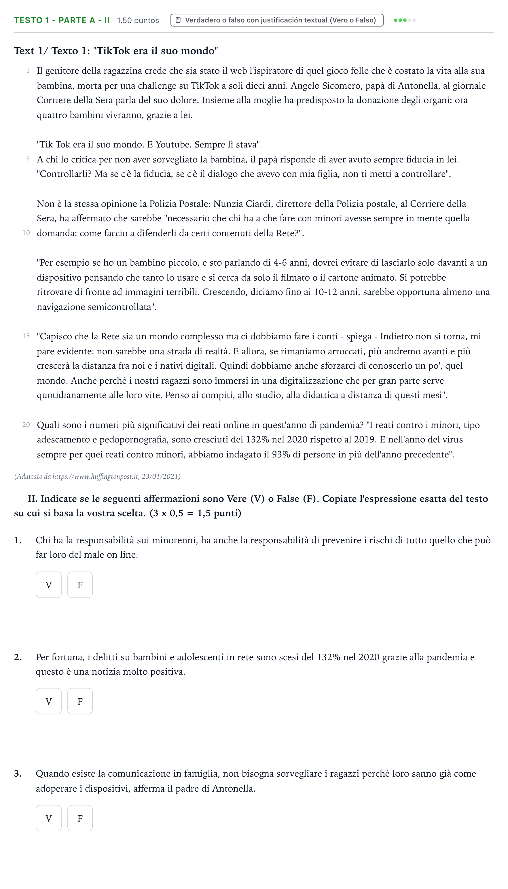 Enunciado: Ejercicio Testo 1 - Parte A - II · Italiano PAU Valencia Extraordinaria 2021