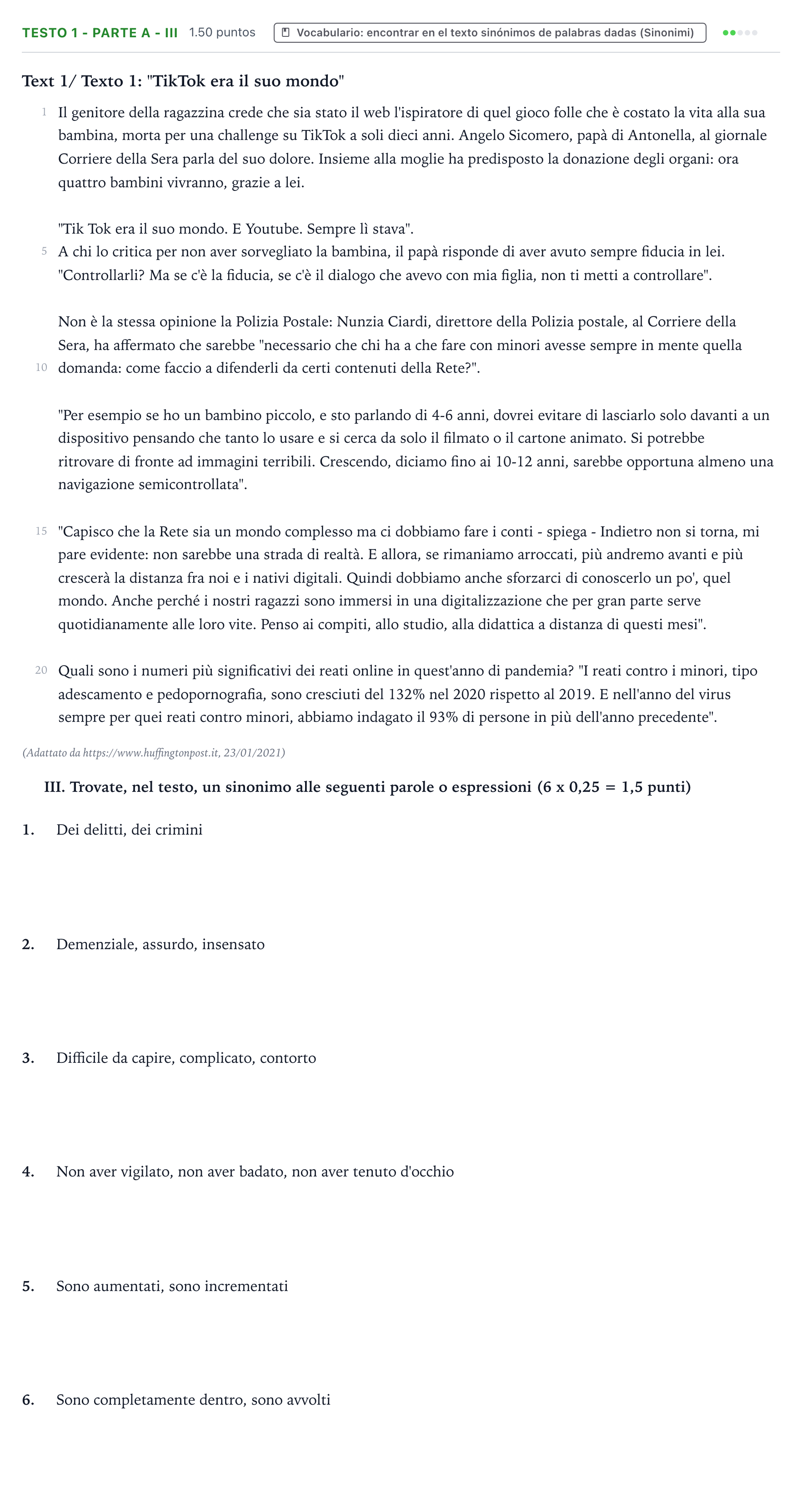 Enunciado: Ejercicio Testo 1 - Parte A - III · Italiano PAU Valencia Extraordinaria 2021