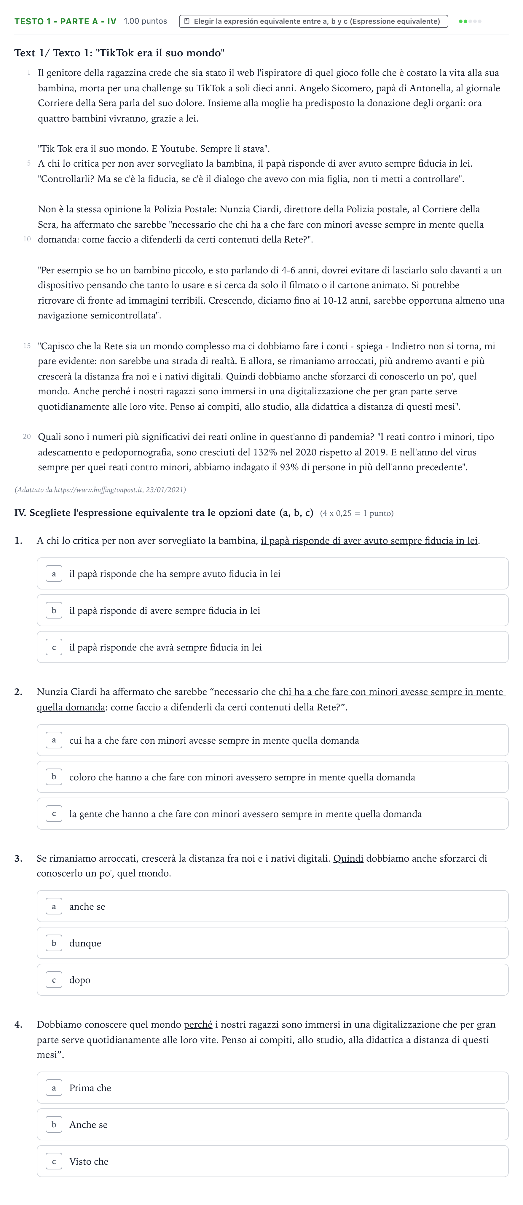 Enunciado: Ejercicio Testo 1 - Parte A - IV · Italiano PAU Valencia Extraordinaria 2021