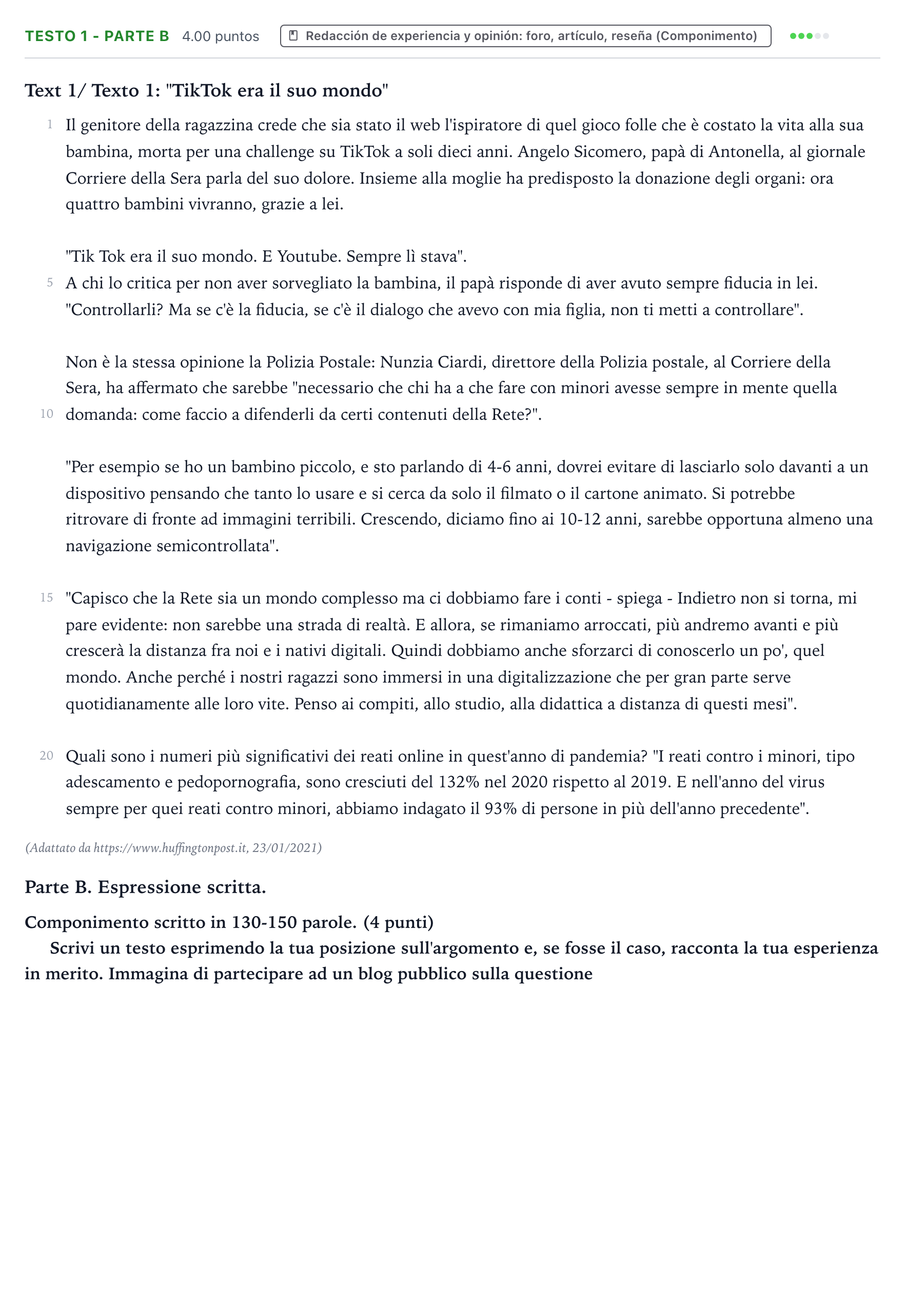 Enunciado: Ejercicio Testo 1 - Parte B · Italiano PAU Valencia Extraordinaria 2021