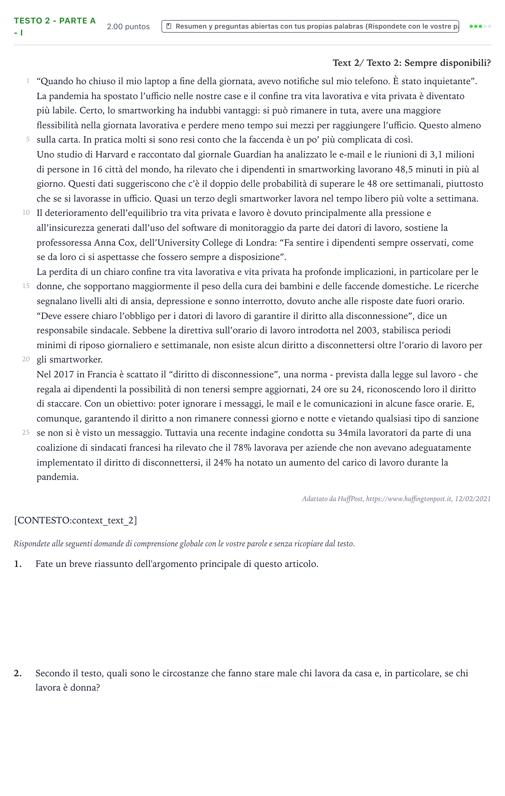 Enunciado: Ejercicio Testo 2 - Parte A - I · Italiano PAU Valencia Extraordinaria 2021