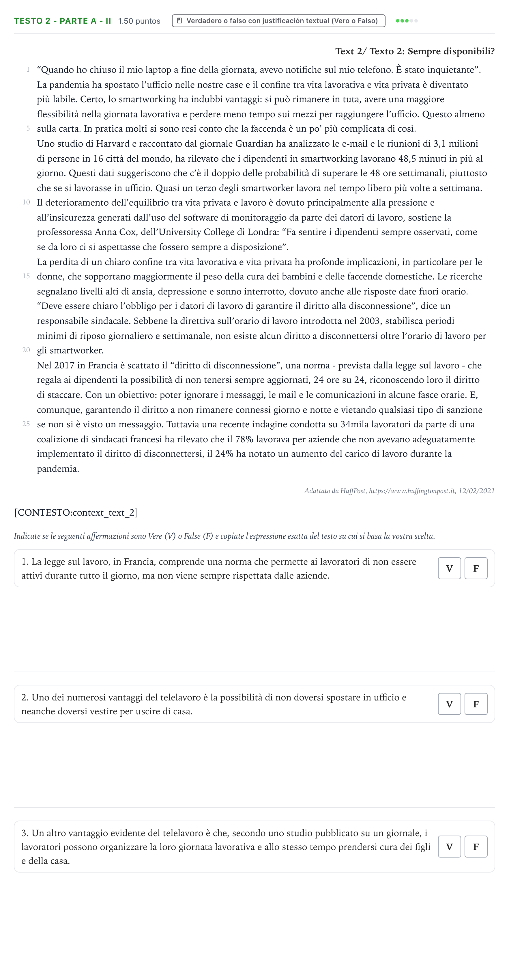 Enunciado: Ejercicio Testo 2 - Parte A - II · Italiano PAU Valencia Extraordinaria 2021