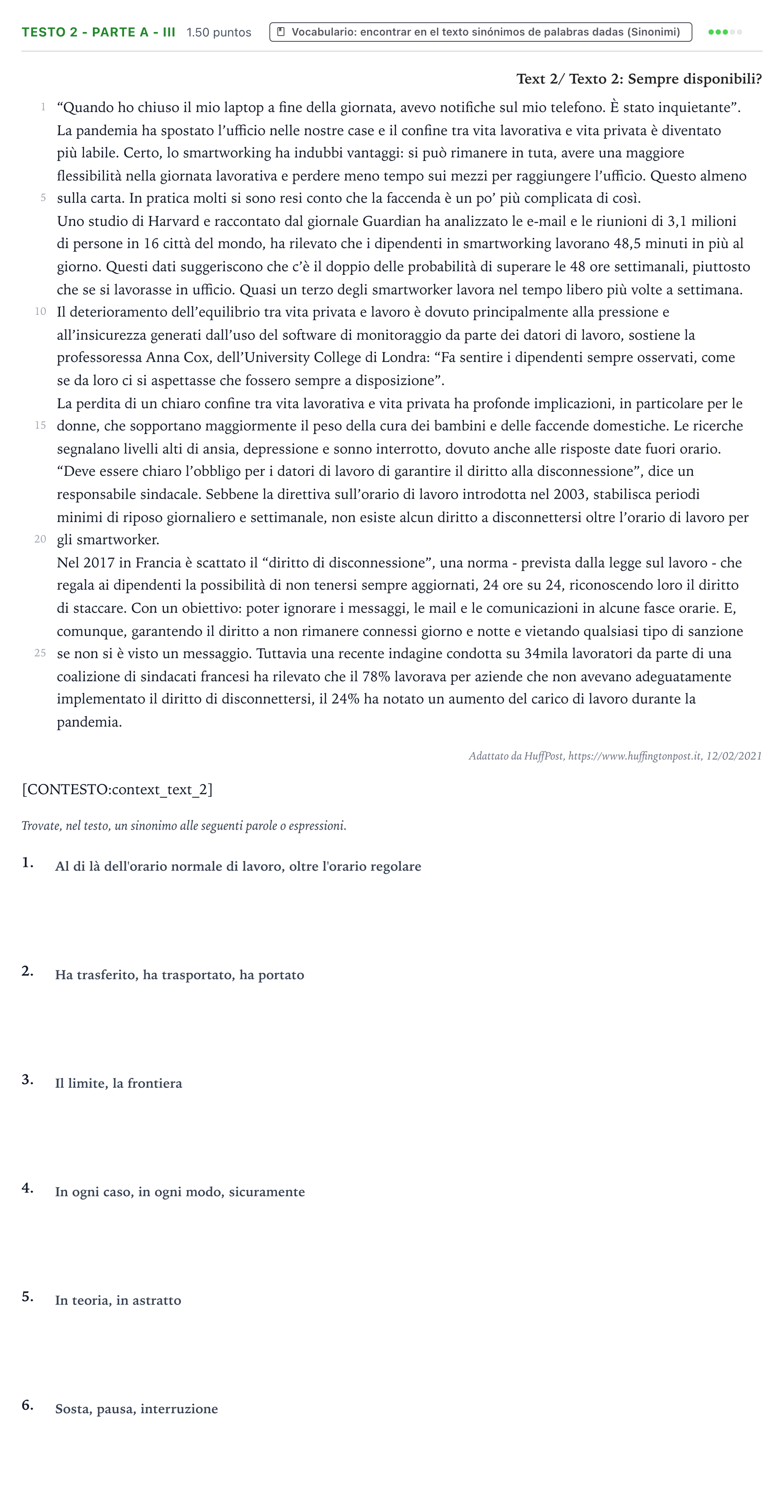 Enunciado: Ejercicio Testo 2 - Parte A - III · Italiano PAU Valencia Extraordinaria 2021