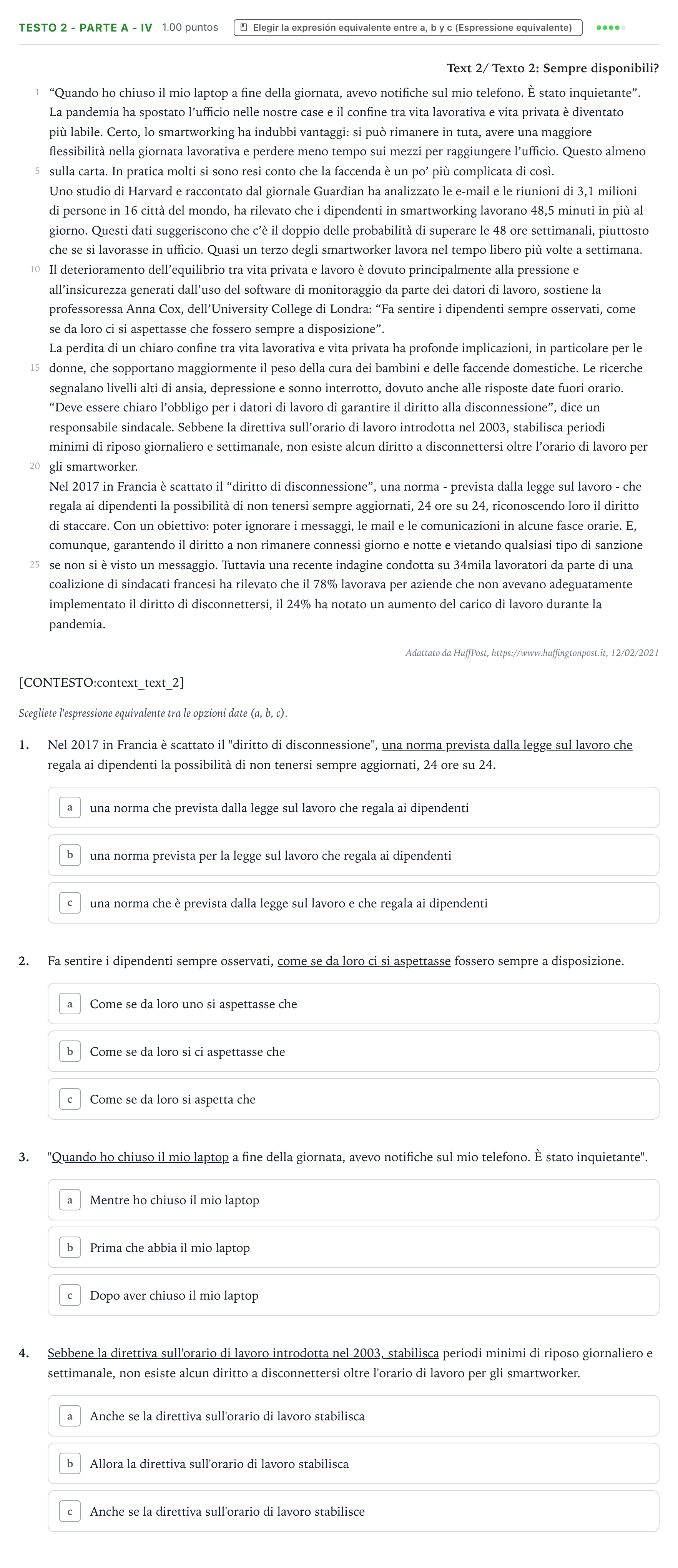 Enunciado: Ejercicio Testo 2 - Parte A - IV · Italiano PAU Valencia Extraordinaria 2021