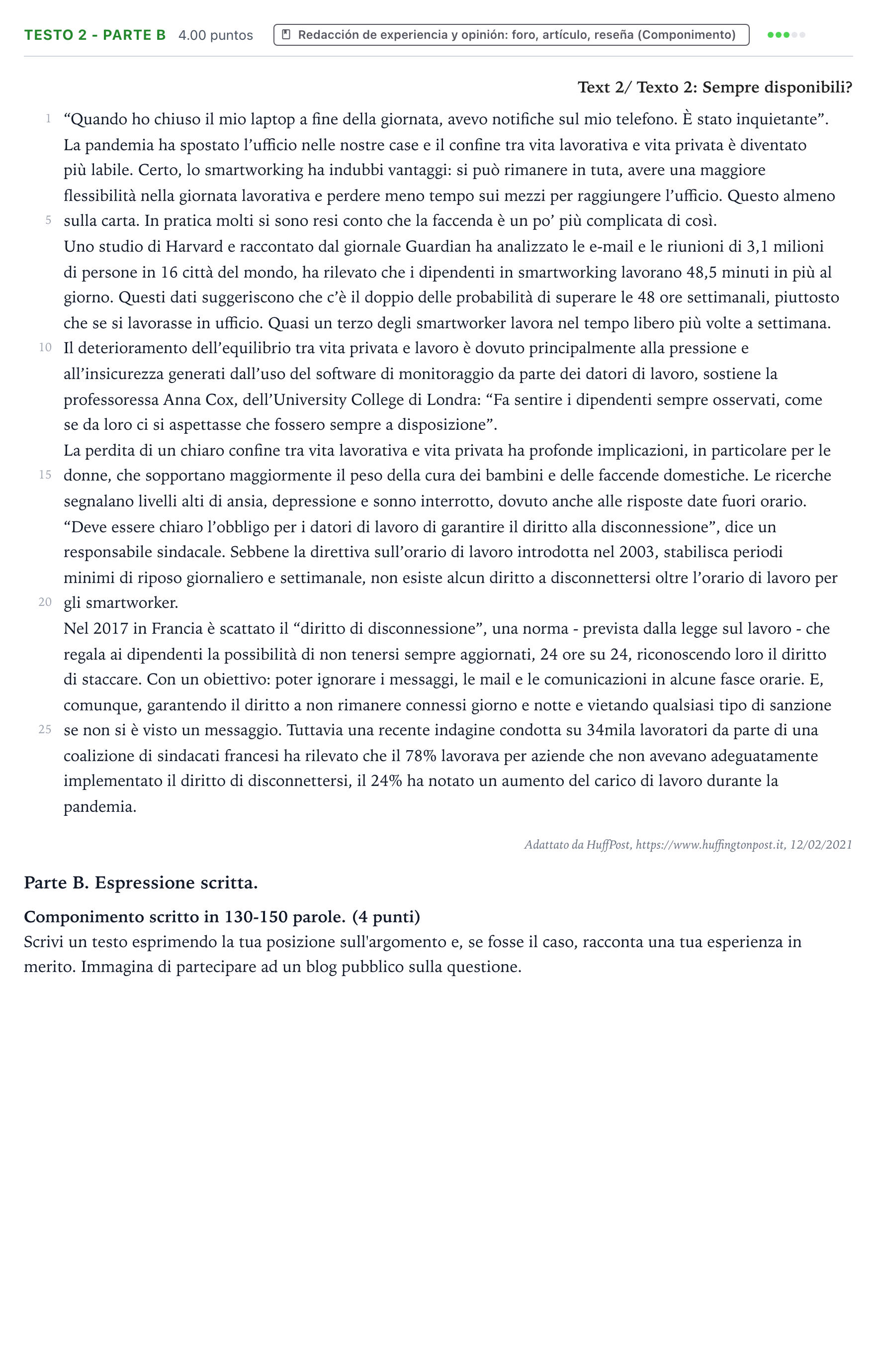 Enunciado: Ejercicio Testo 2 - Parte B · Italiano PAU Valencia Extraordinaria 2021
