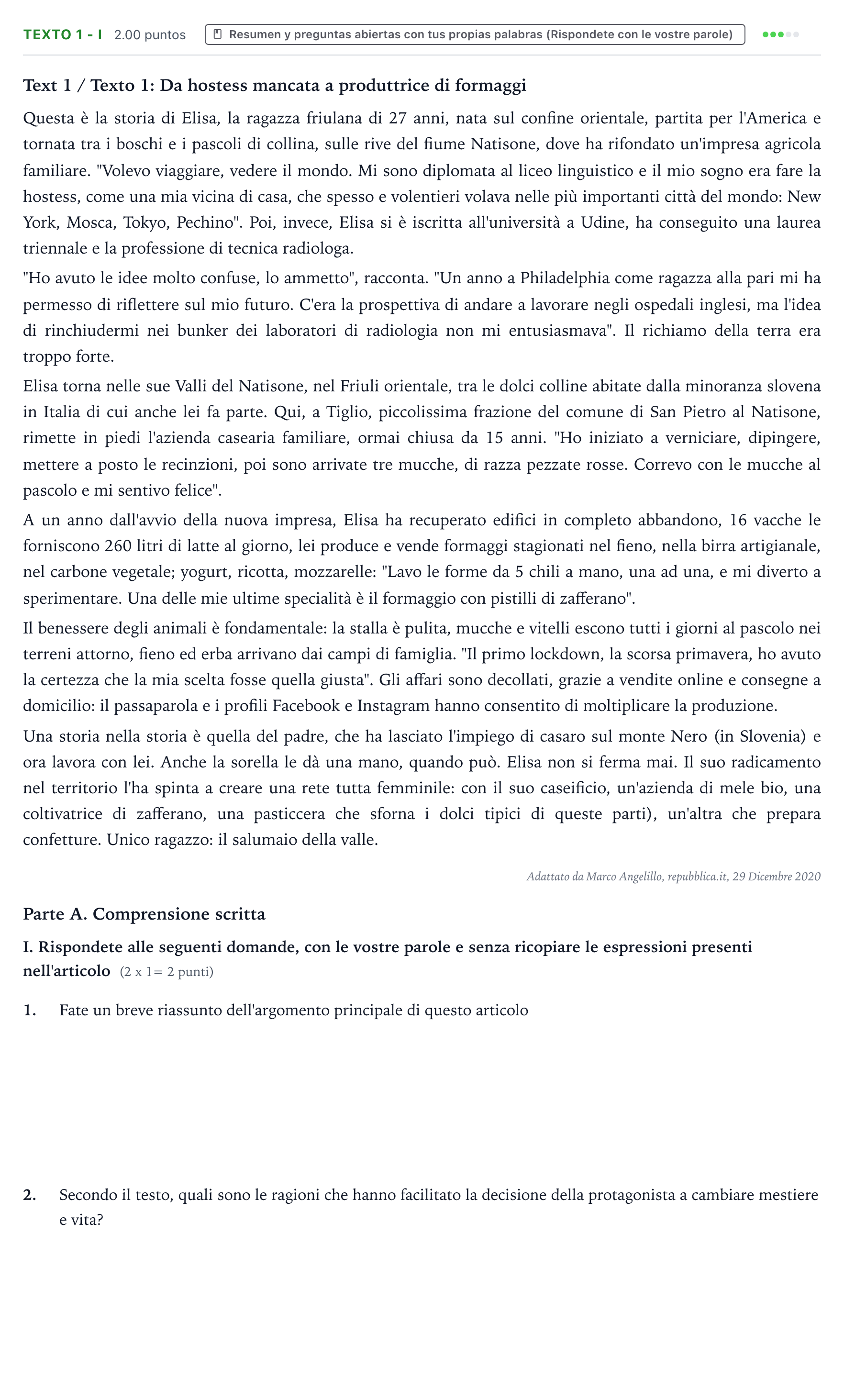 Enunciado: Ejercicio Texto 1 - I · Italiano PAU Valencia Ordinaria 2021