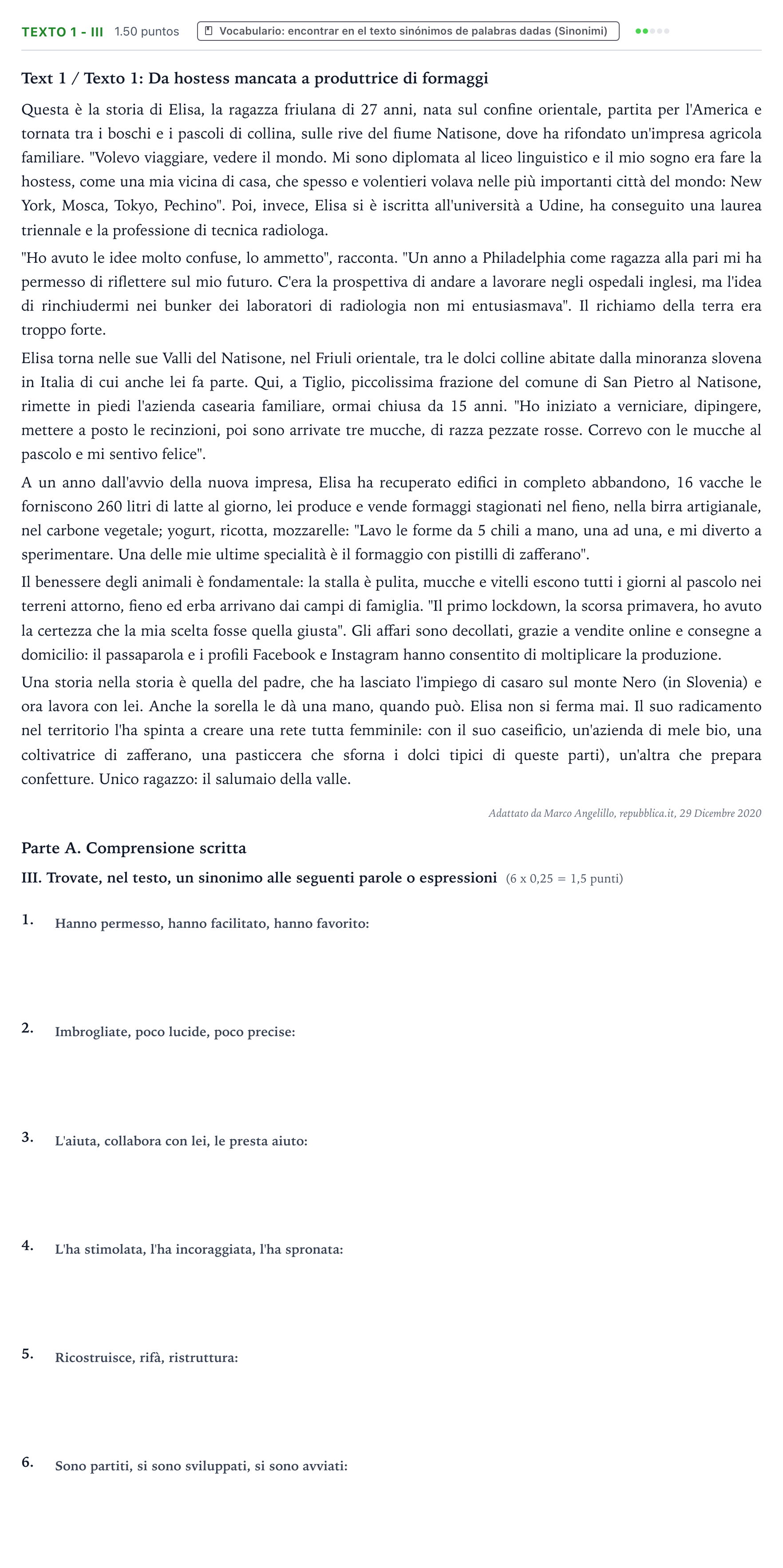 Enunciado: Ejercicio Texto 1 - III · Italiano PAU Valencia Ordinaria 2021