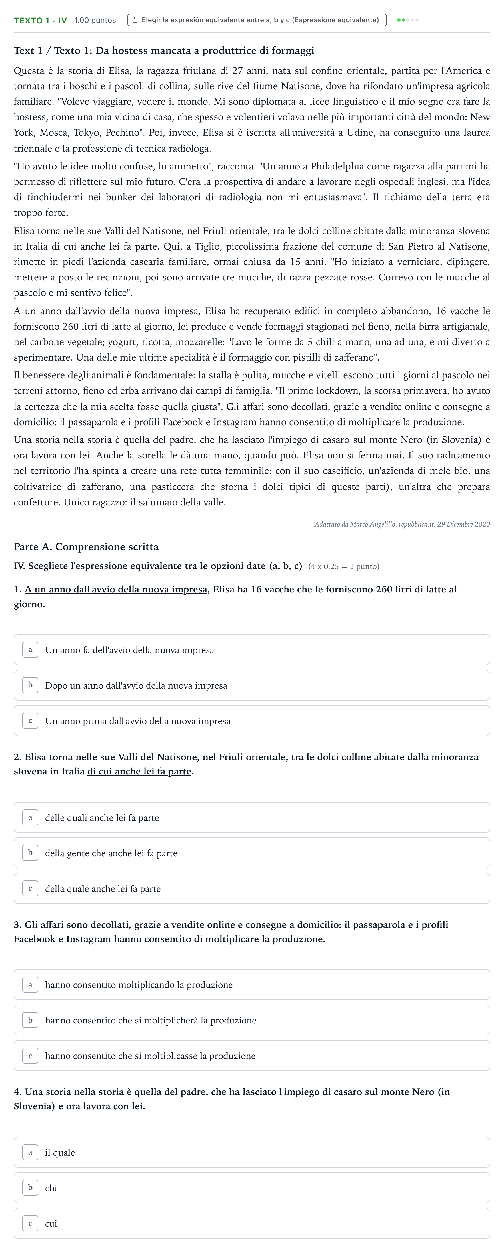 Enunciado: Ejercicio Texto 1 - IV · Italiano PAU Valencia Ordinaria 2021