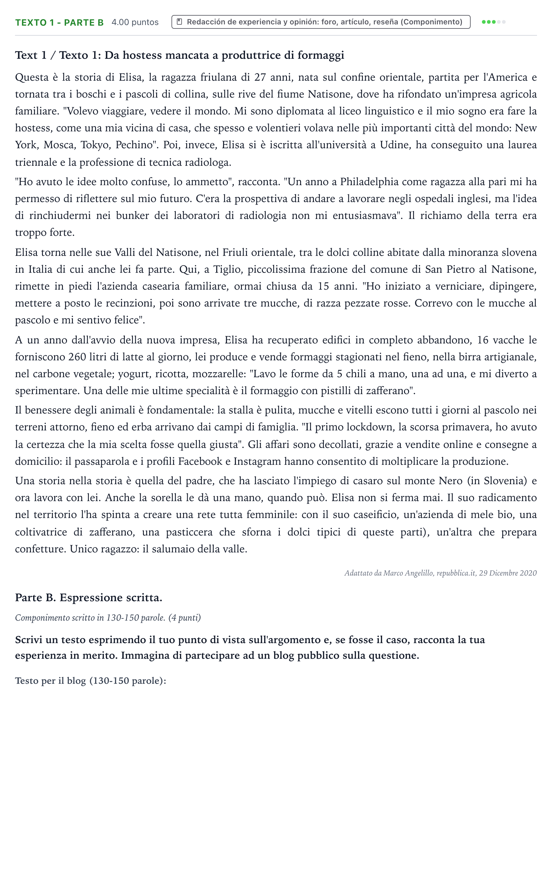 Enunciado: Ejercicio Texto 1 - Parte B · Italiano PAU Valencia Ordinaria 2021