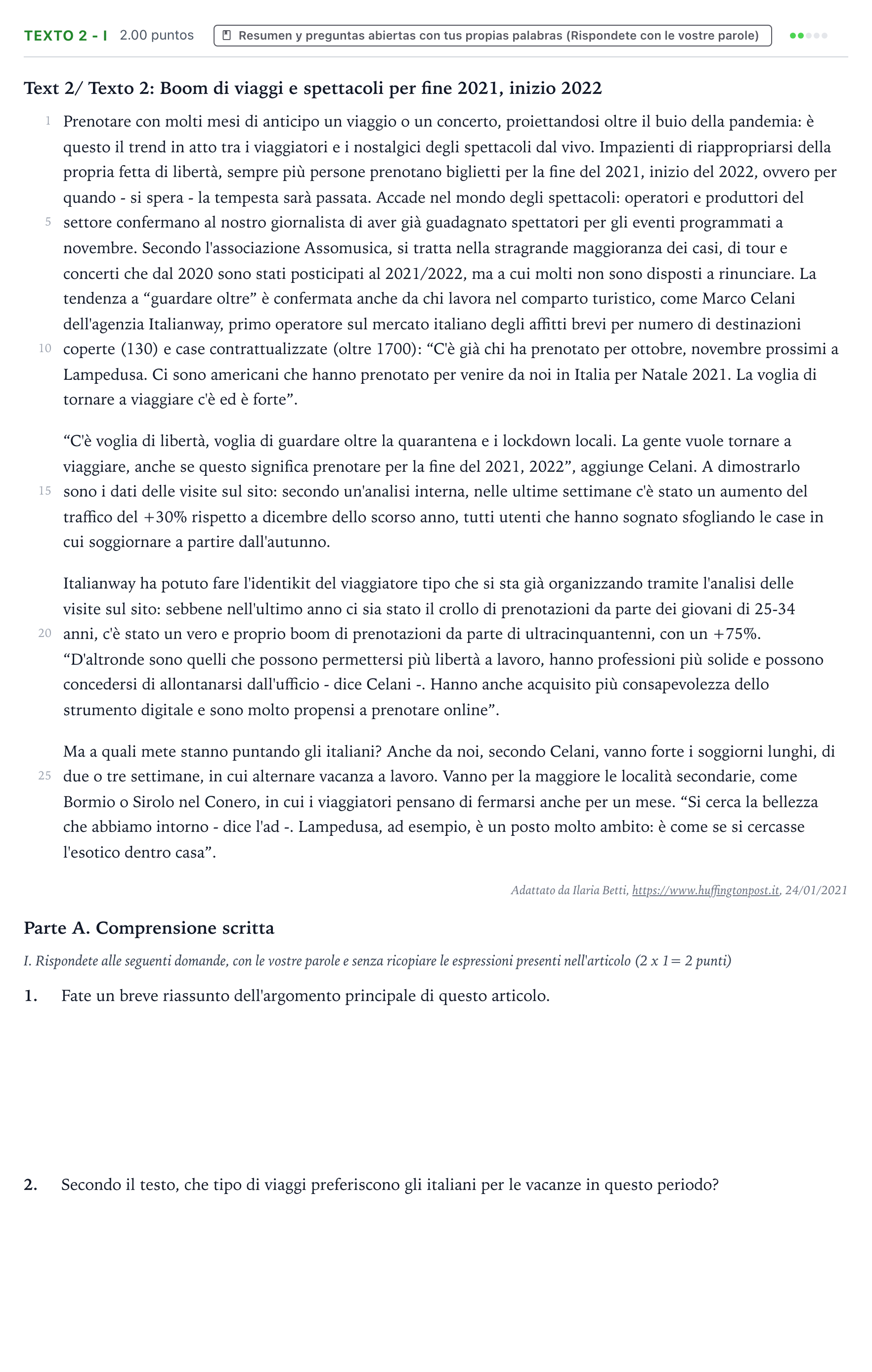 Enunciado: Ejercicio Texto 2 - I · Italiano PAU Valencia Ordinaria 2021