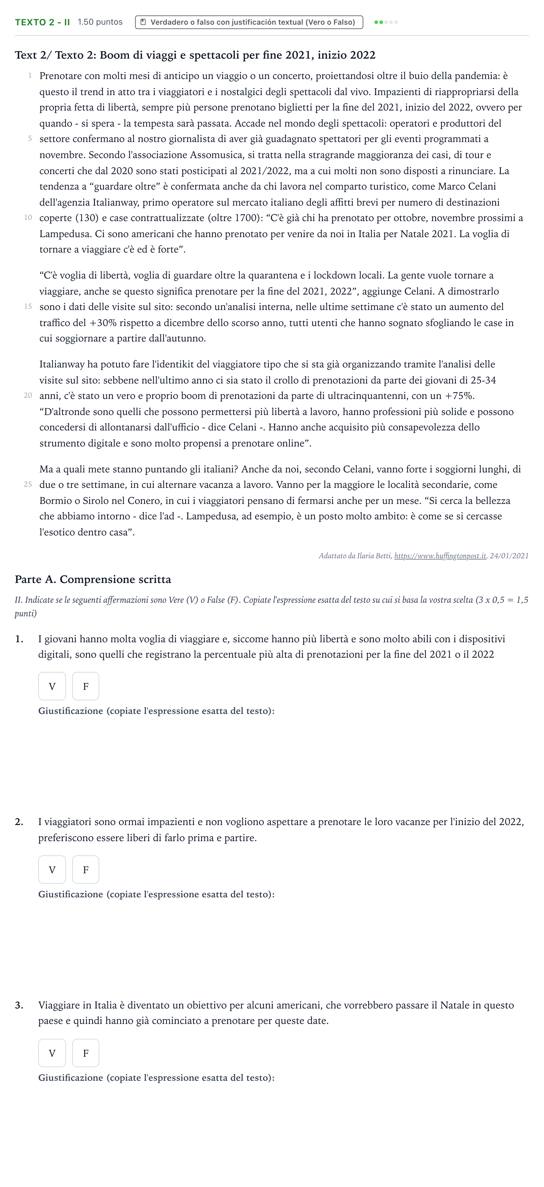 Enunciado: Ejercicio Texto 2 - II · Italiano PAU Valencia Ordinaria 2021