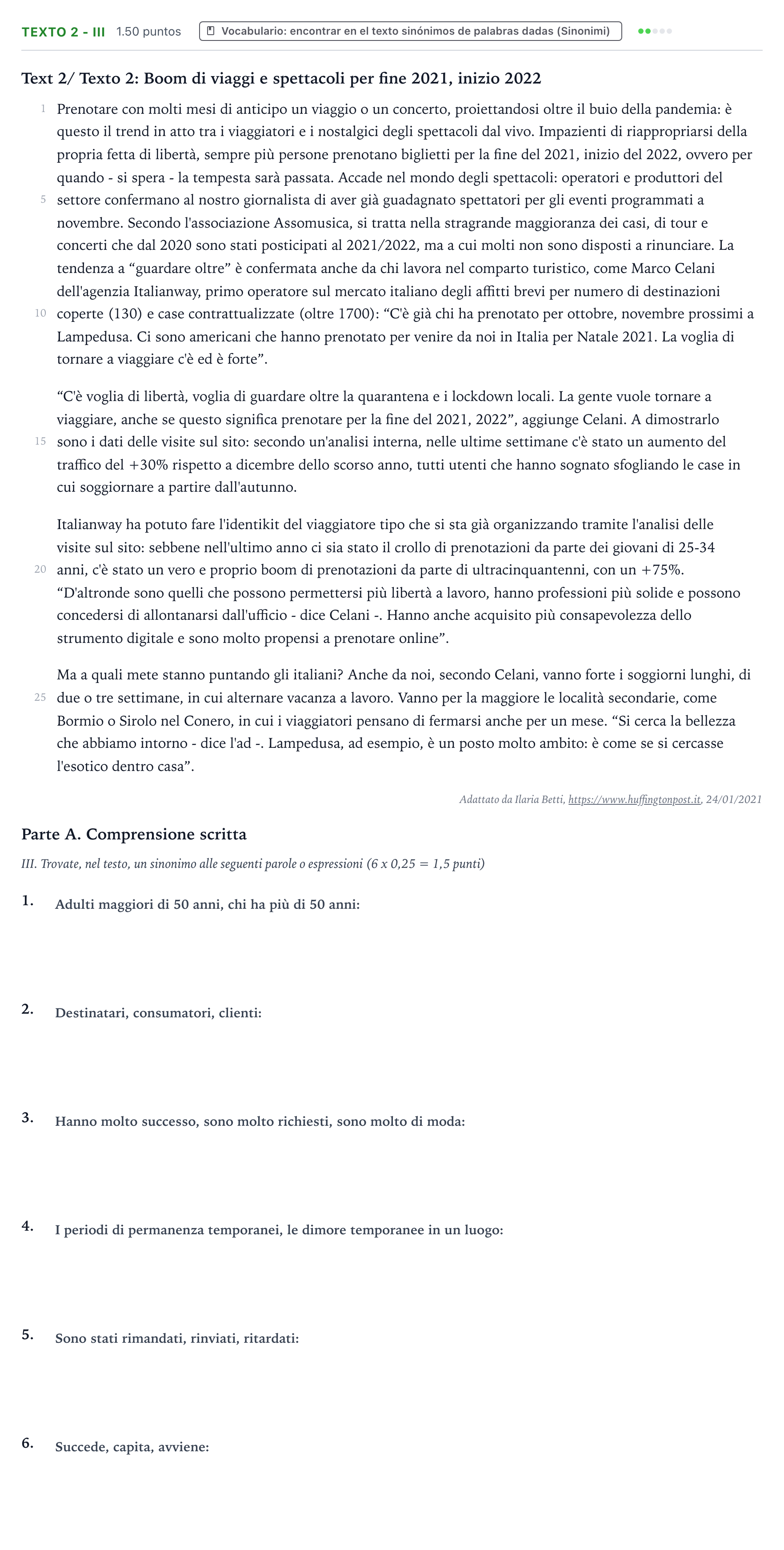 Enunciado: Ejercicio Texto 2 - III · Italiano PAU Valencia Ordinaria 2021