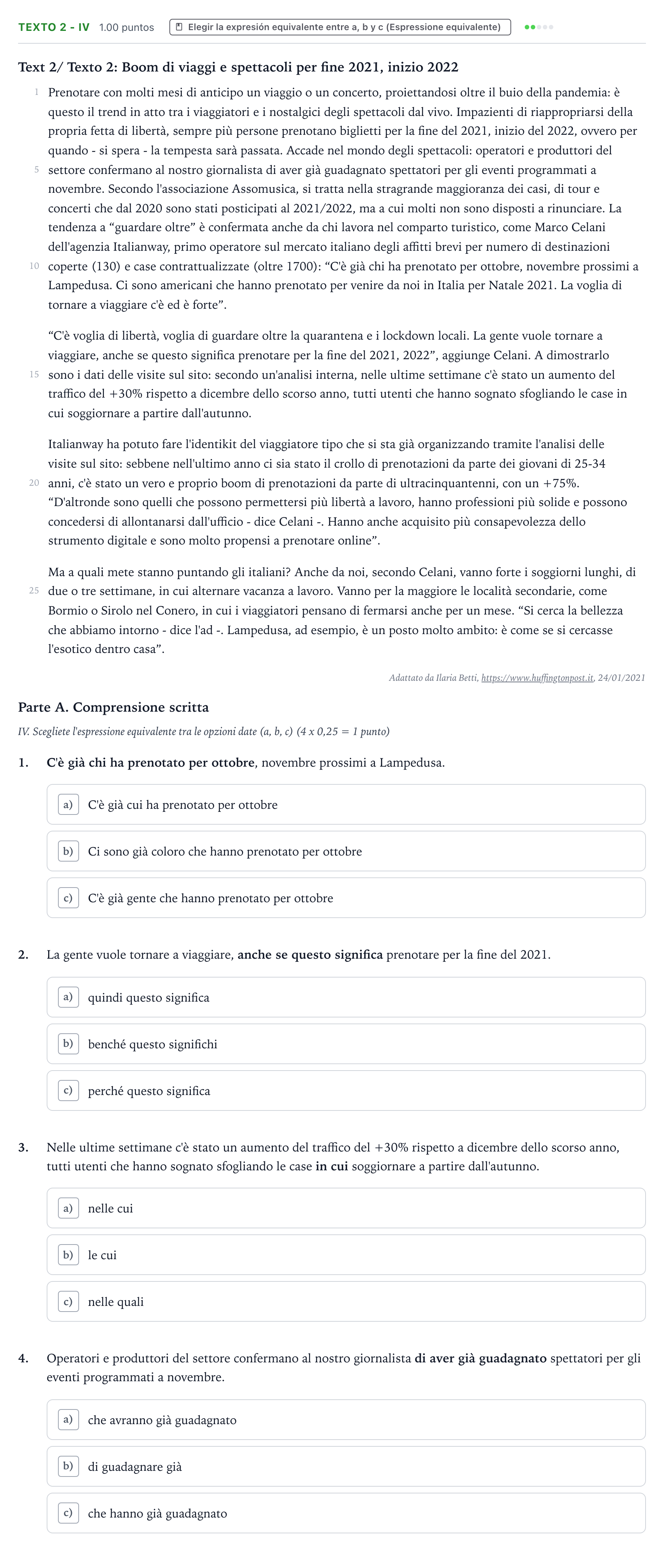 Enunciado: Ejercicio Texto 2 - IV · Italiano PAU Valencia Ordinaria 2021