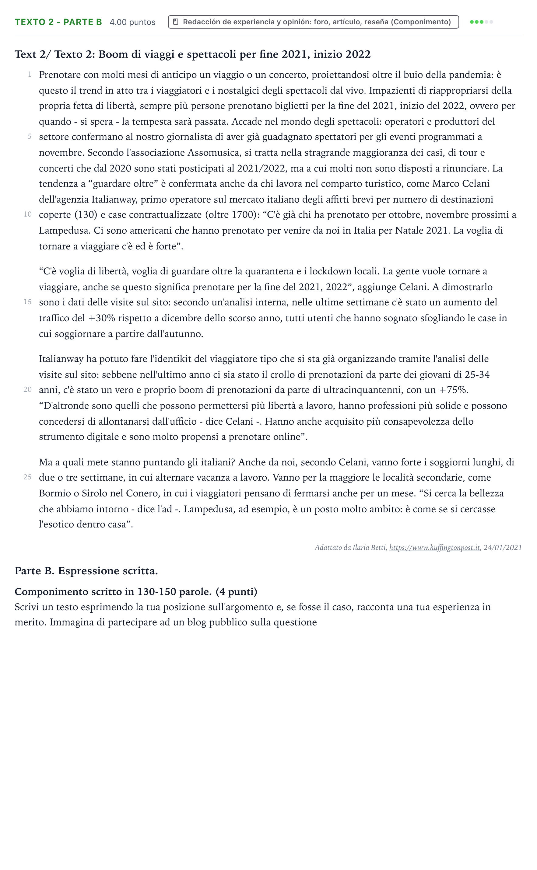 Enunciado: Ejercicio Texto 2 - Parte B · Italiano PAU Valencia Ordinaria 2021