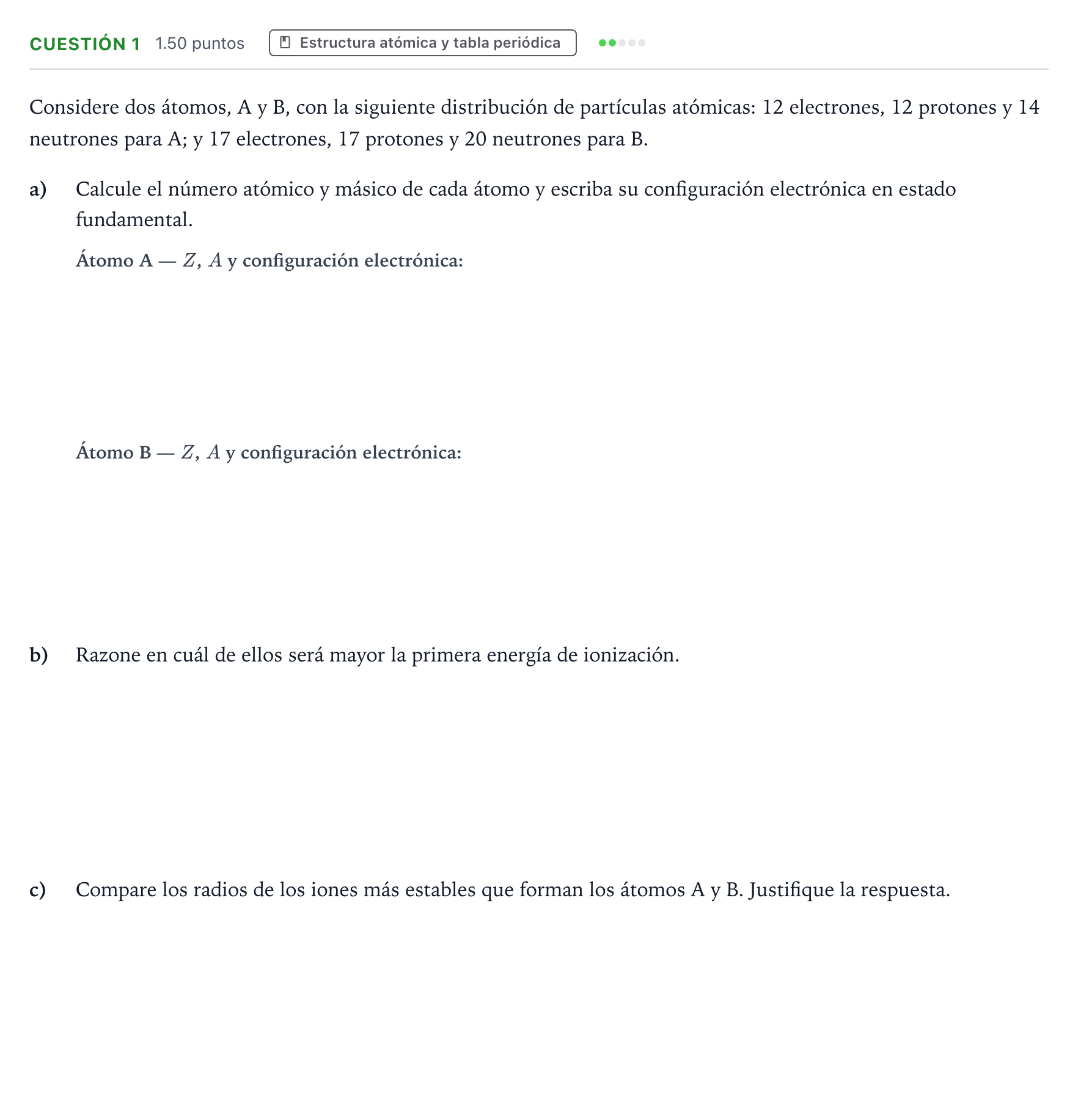 Enunciado: Cuestión 1 - Estructura atómica y tabla periódica · Química PAU Valencia Extraordinaria 2021