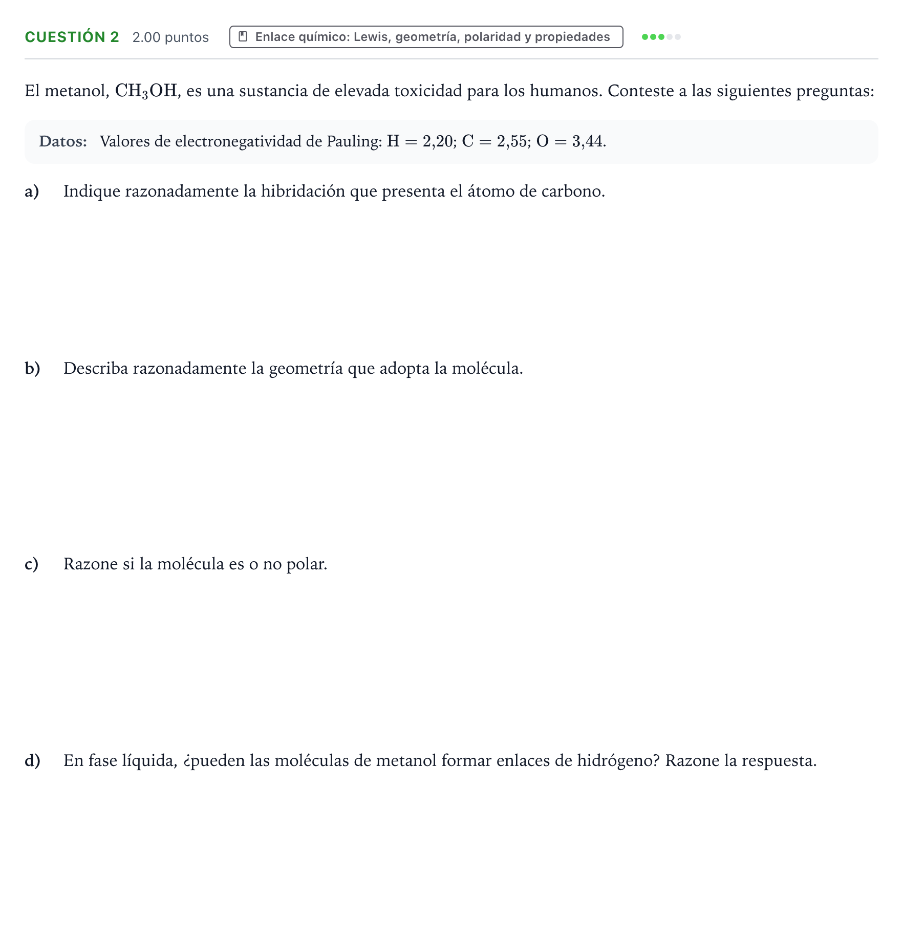 Enunciado: Cuestión 2 · Química PAU Valencia Extraordinaria 2021