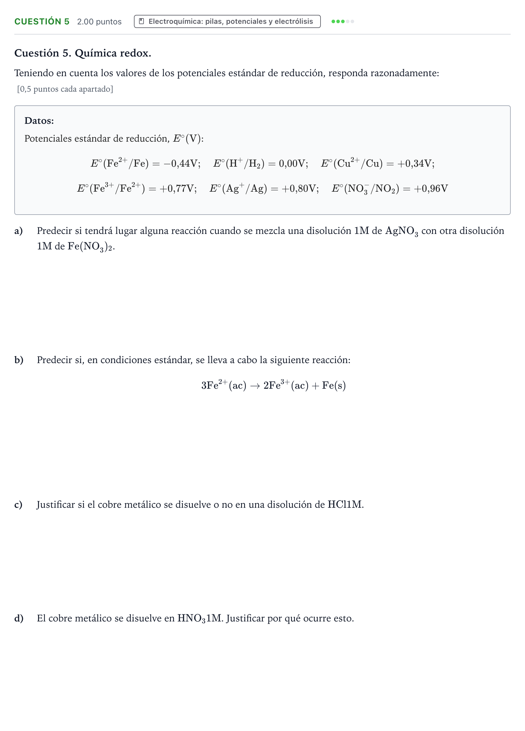 Enunciado: Cuestión 5 · Química PAU Valencia Extraordinaria 2021