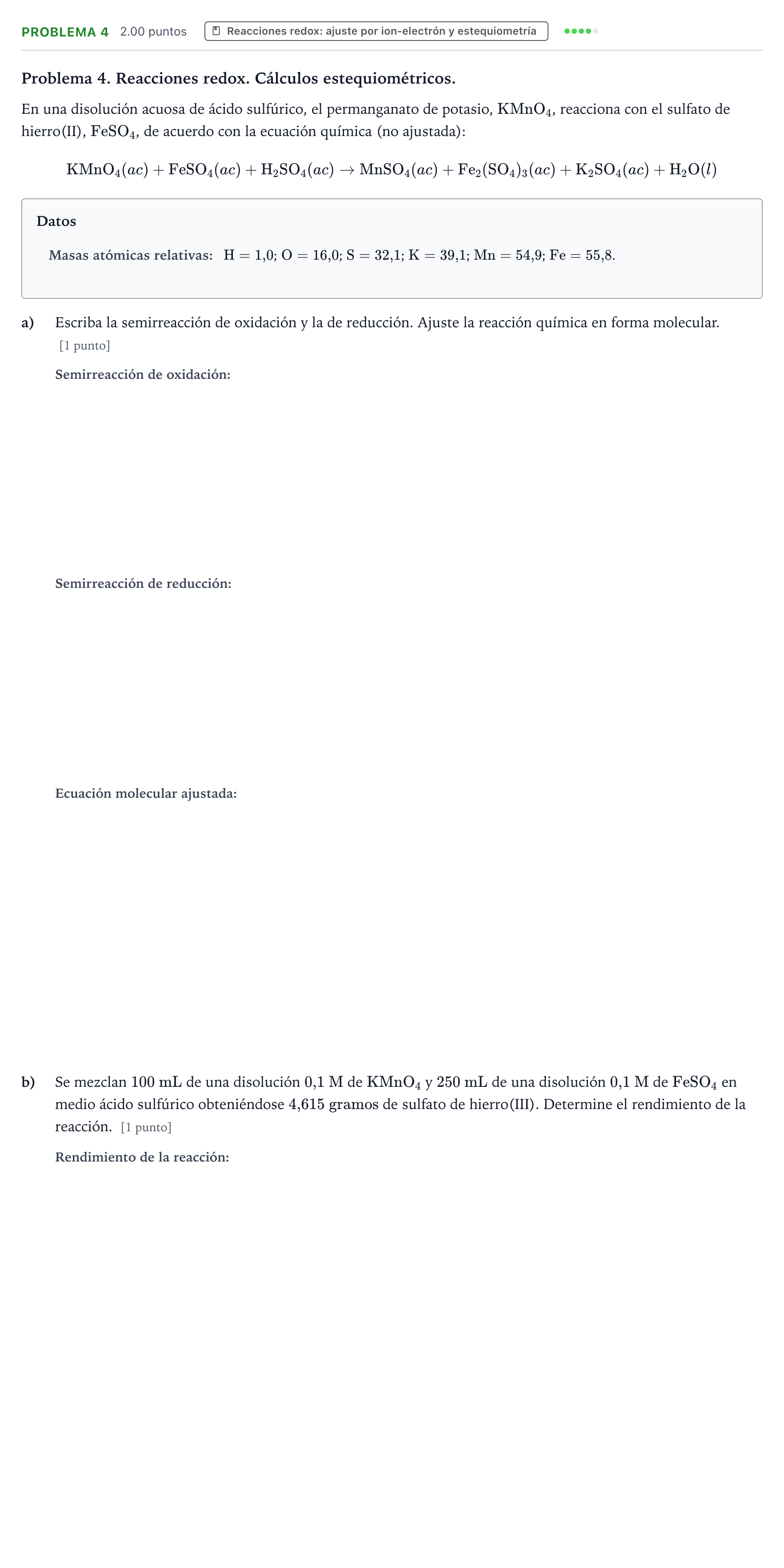 Enunciado: Problema 4 · Química PAU Valencia Extraordinaria 2021