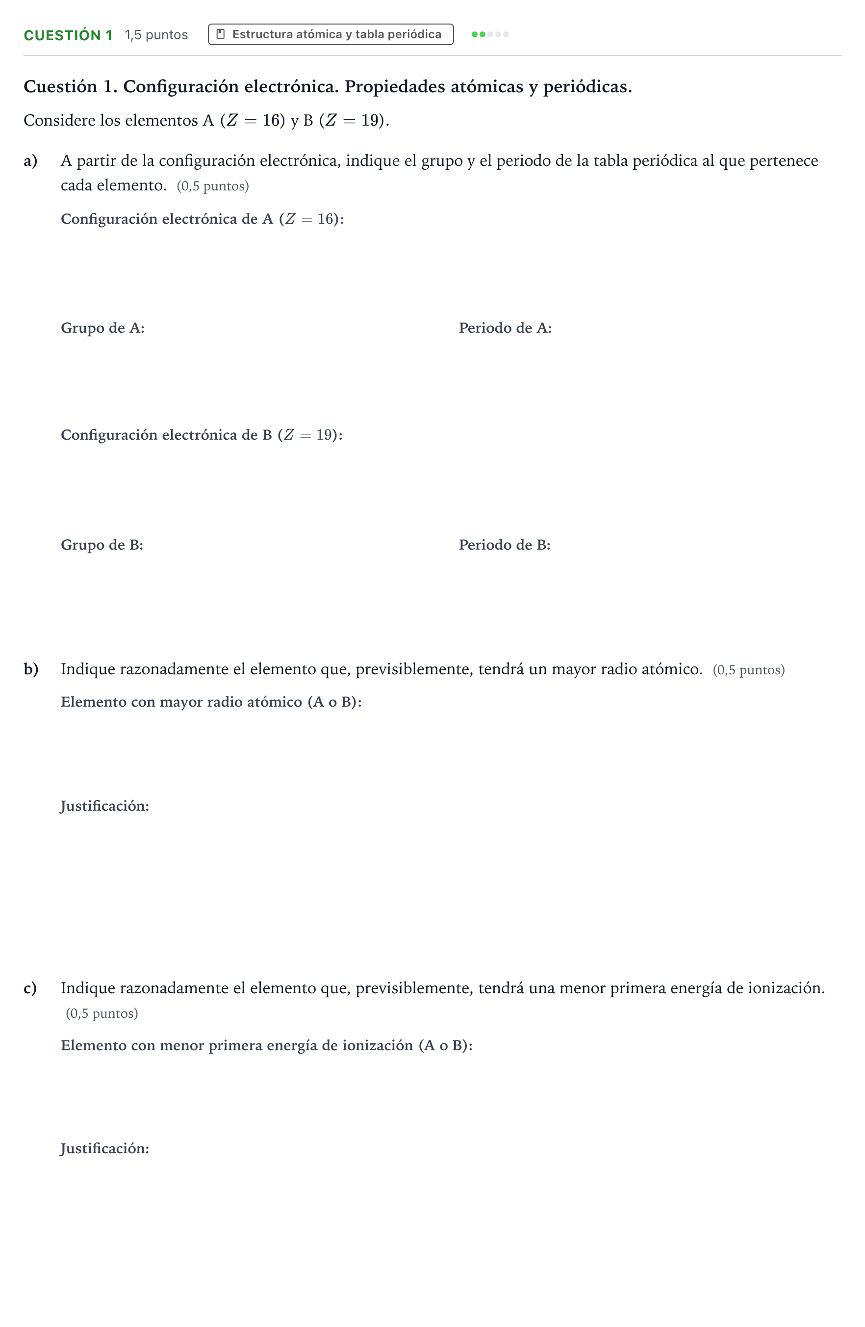 Enunciado: Cuestión 1 - Estructura atómica y tabla periódica · Química PAU Valencia Ordinaria 2021