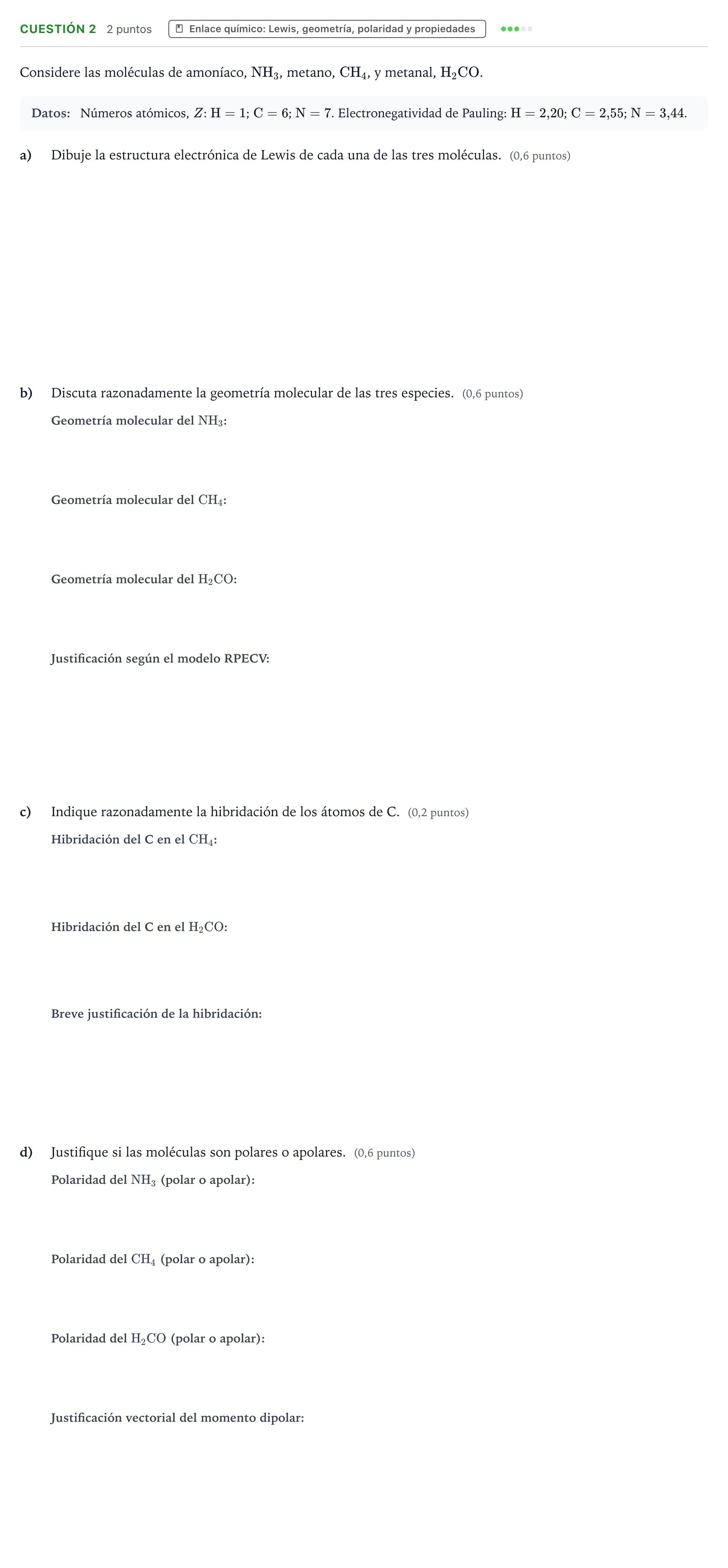 Enunciado: Cuestión 2 · Química PAU Valencia Ordinaria 2021