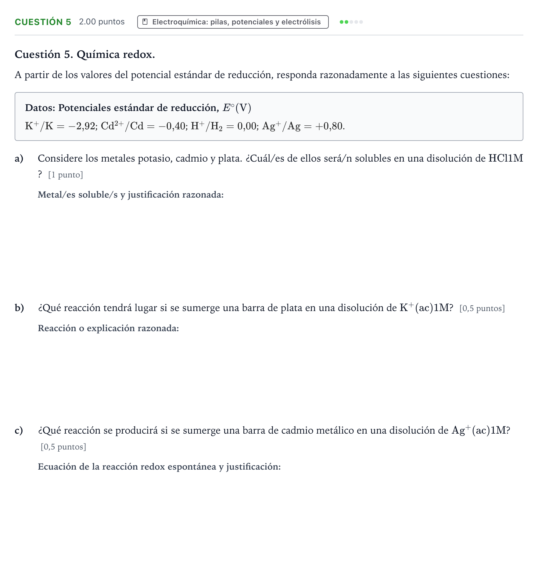 Enunciado: Cuestión 5 · Química PAU Valencia Ordinaria 2021