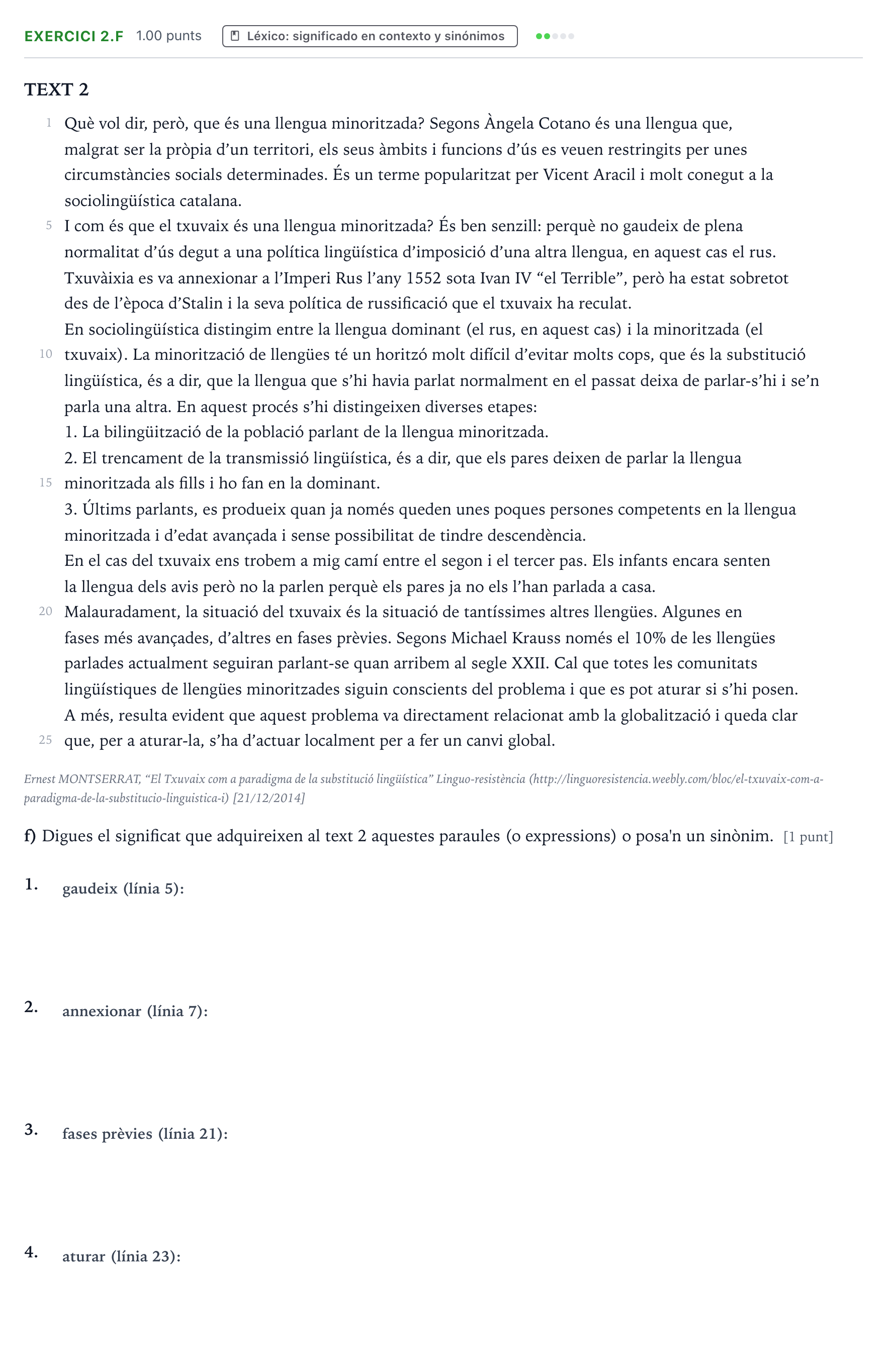 Enunciado: Ejercicio 2.f · Lengua Valenciana y Literatura II PAU Valencia Extraordinaria 2021