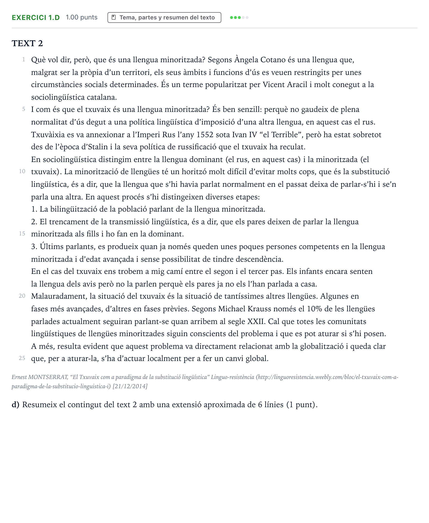 Enunciado: Ejercicio 1.d · Lengua Valenciana y Literatura II PAU Valencia Extraordinaria 2021