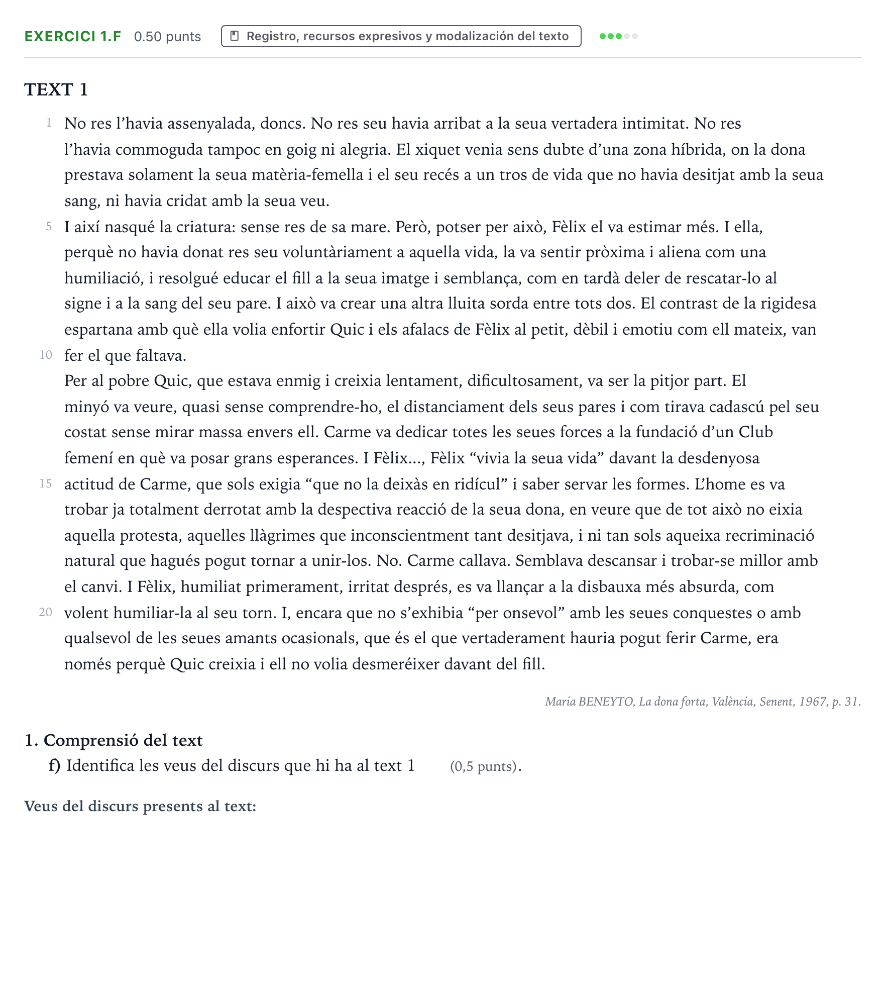 Enunciado: Ejercicio 1.f · Lengua Valenciana y Literatura II PAU Valencia Extraordinaria 2021