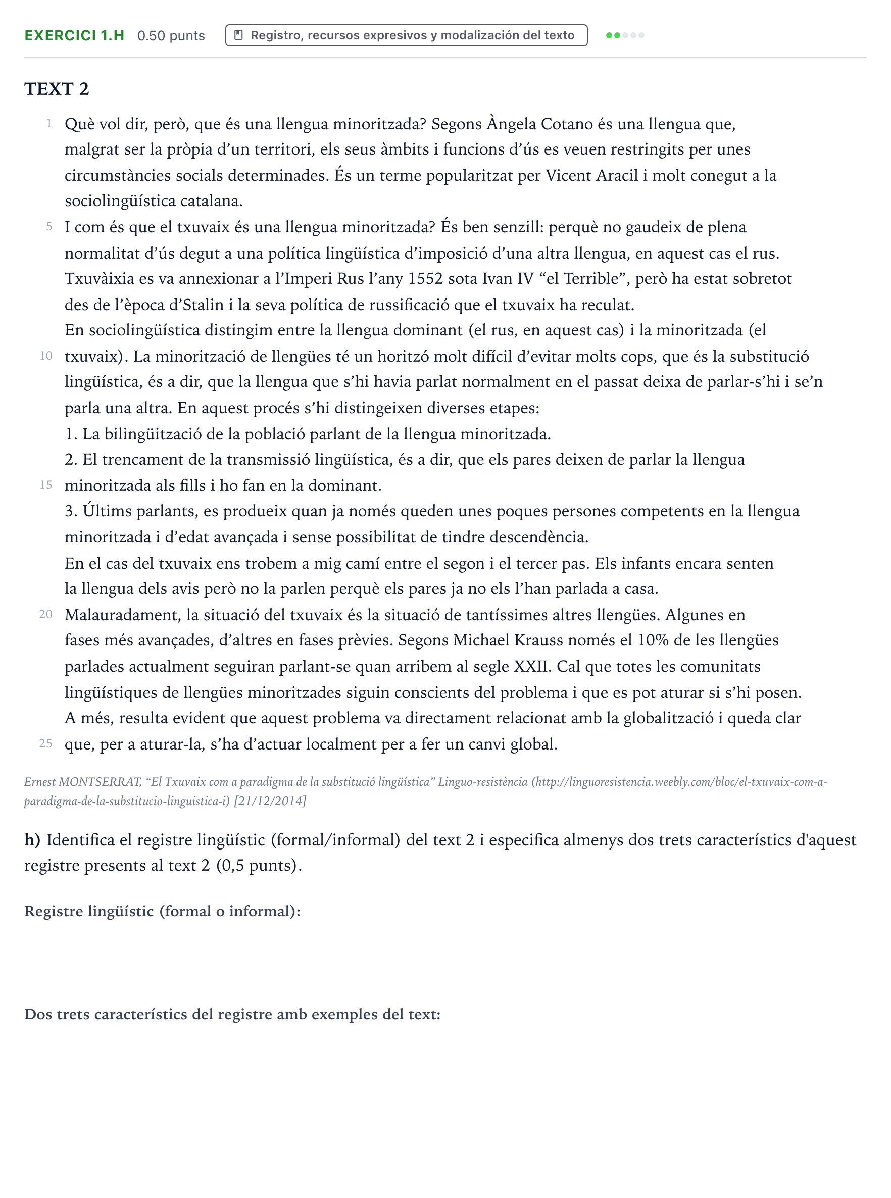 Enunciado: Ejercicio 1.h · Lengua Valenciana y Literatura II PAU Valencia Extraordinaria 2021