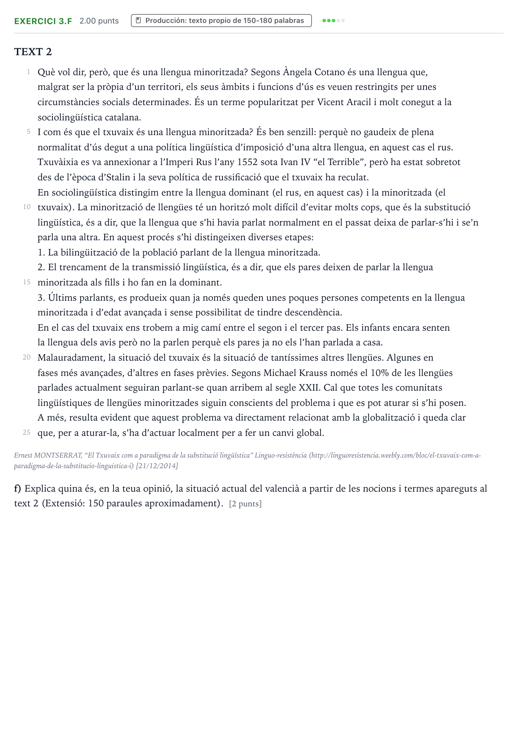 Enunciado: Ejercicio 3.f · Lengua Valenciana y Literatura II PAU Valencia Extraordinaria 2021