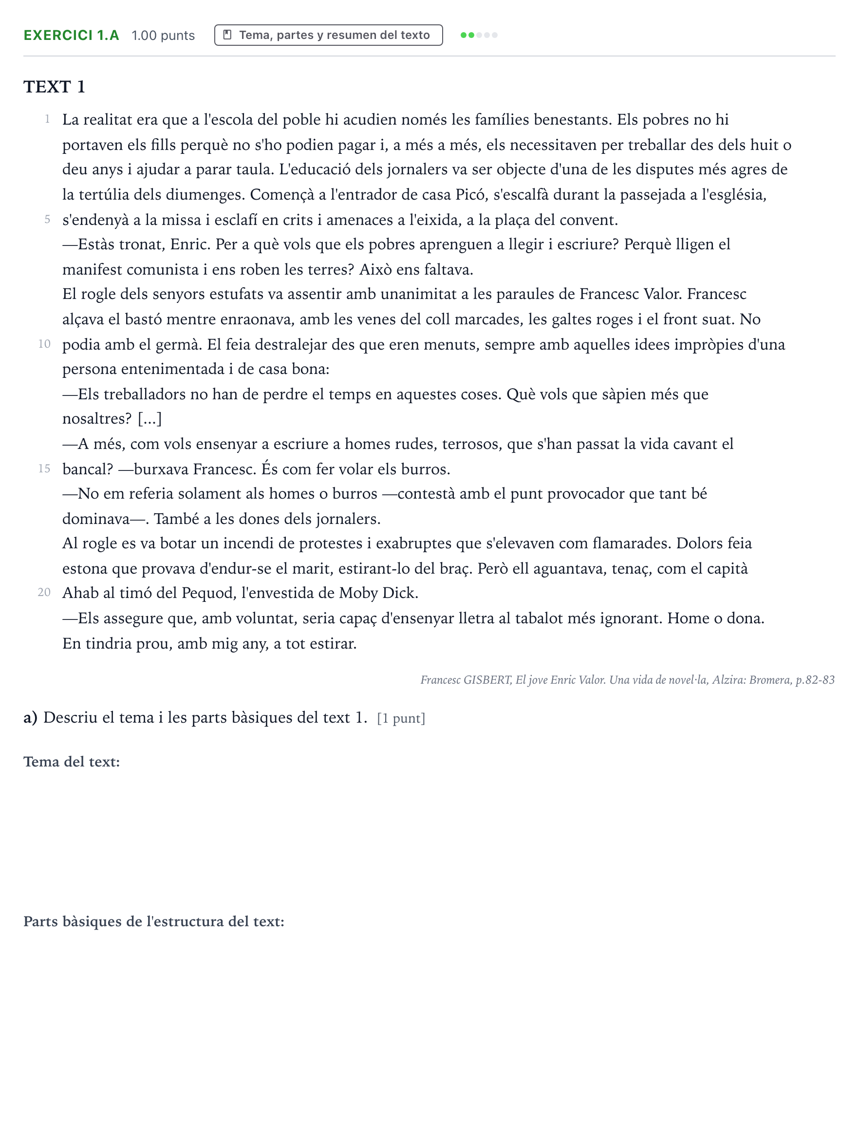 Enunciado: Ejercicio 1.a · Lengua Valenciana y Literatura II PAU Valencia Ordinaria 2021