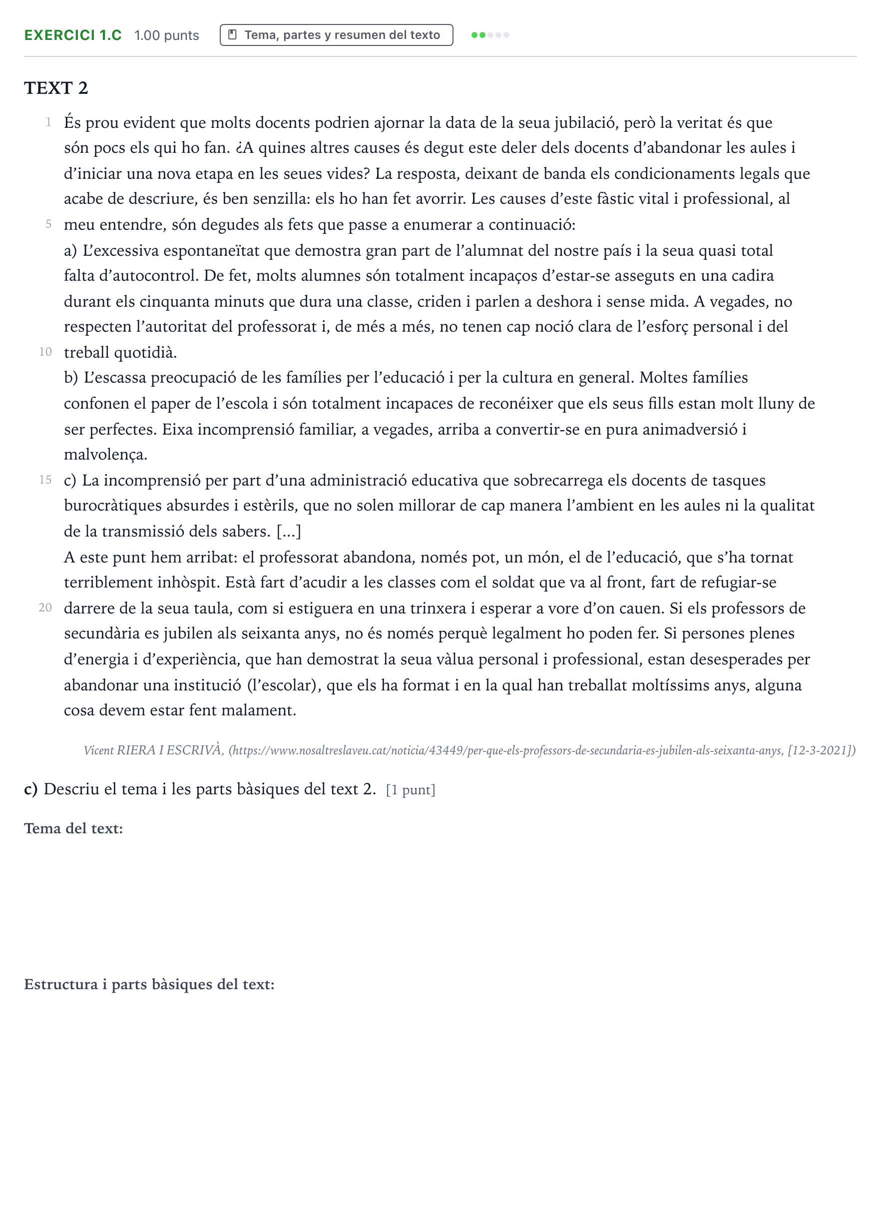 Enunciado: Ejercicio 1.c · Lengua Valenciana y Literatura II PAU Valencia Ordinaria 2021