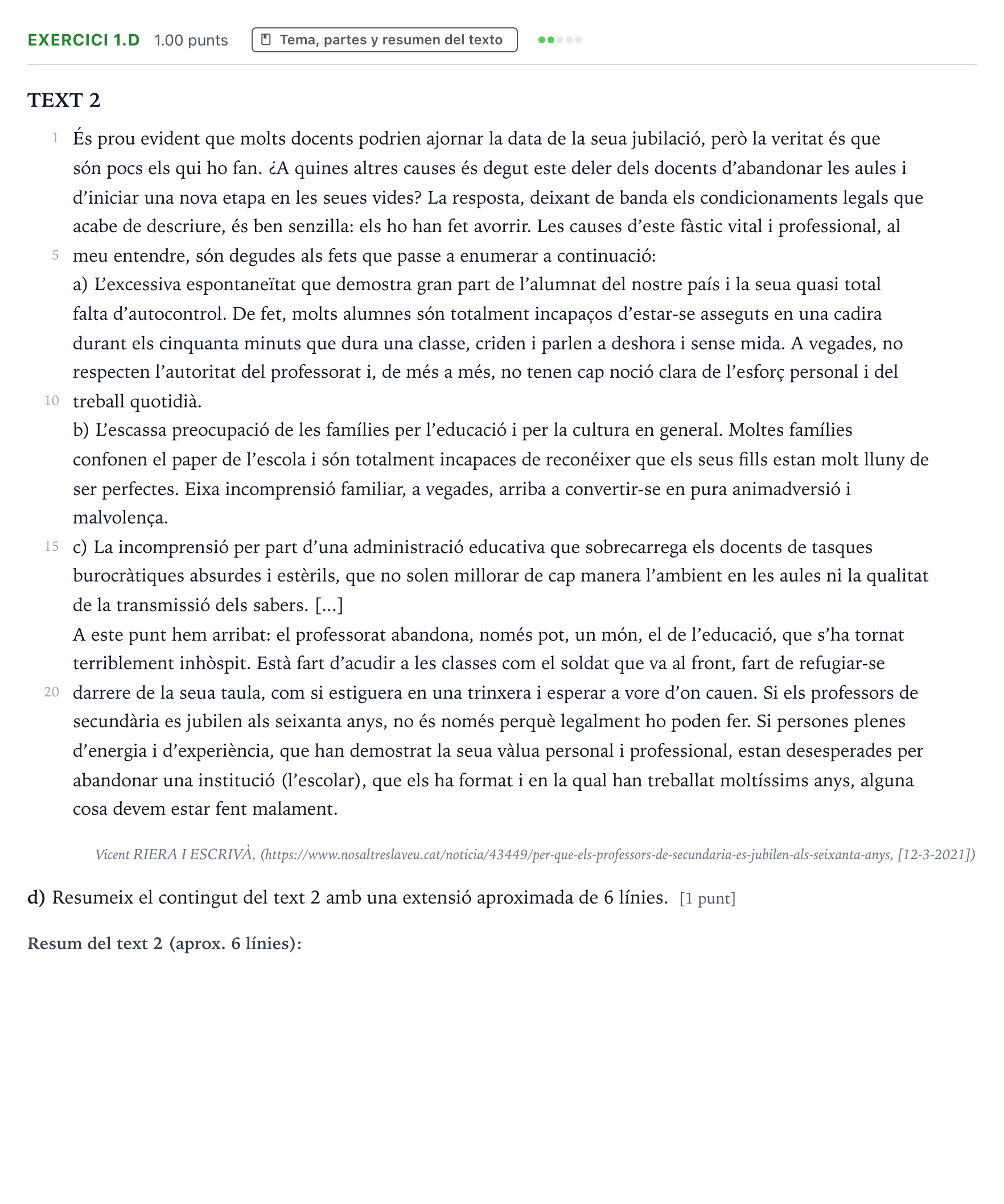 Enunciado: Ejercicio 1.d · Lengua Valenciana y Literatura II PAU Valencia Ordinaria 2021
