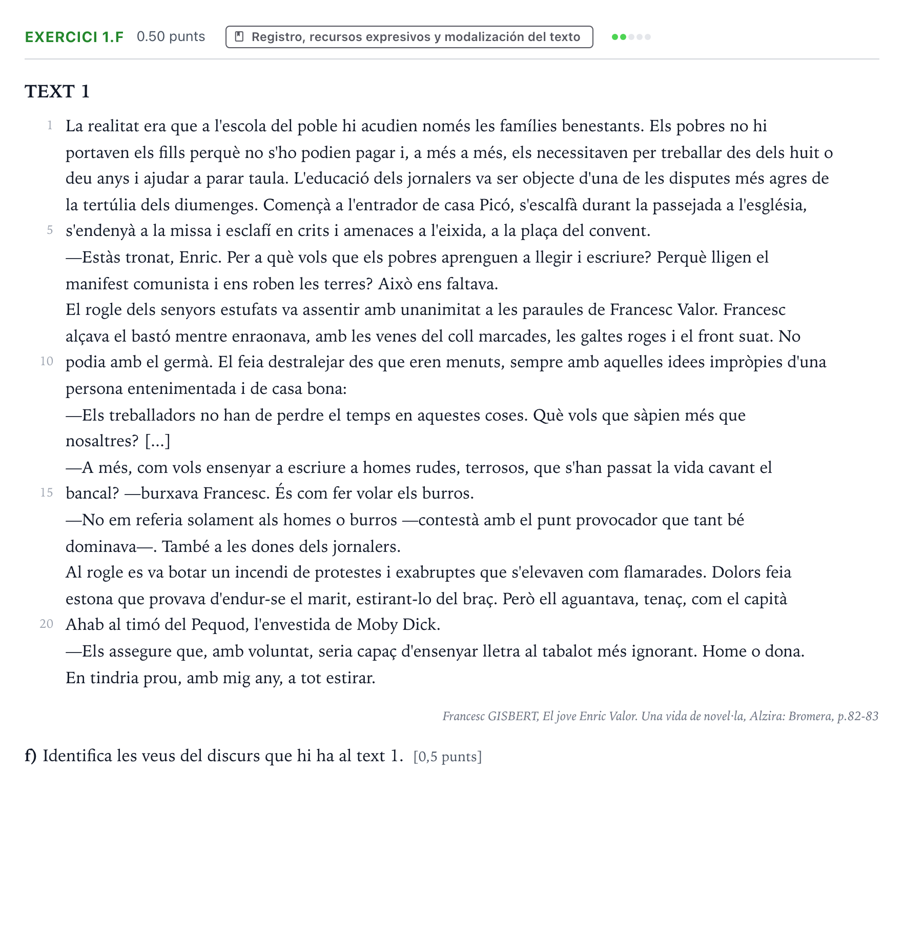 Enunciado: Ejercicio 1.f · Lengua Valenciana y Literatura II PAU Valencia Ordinaria 2021