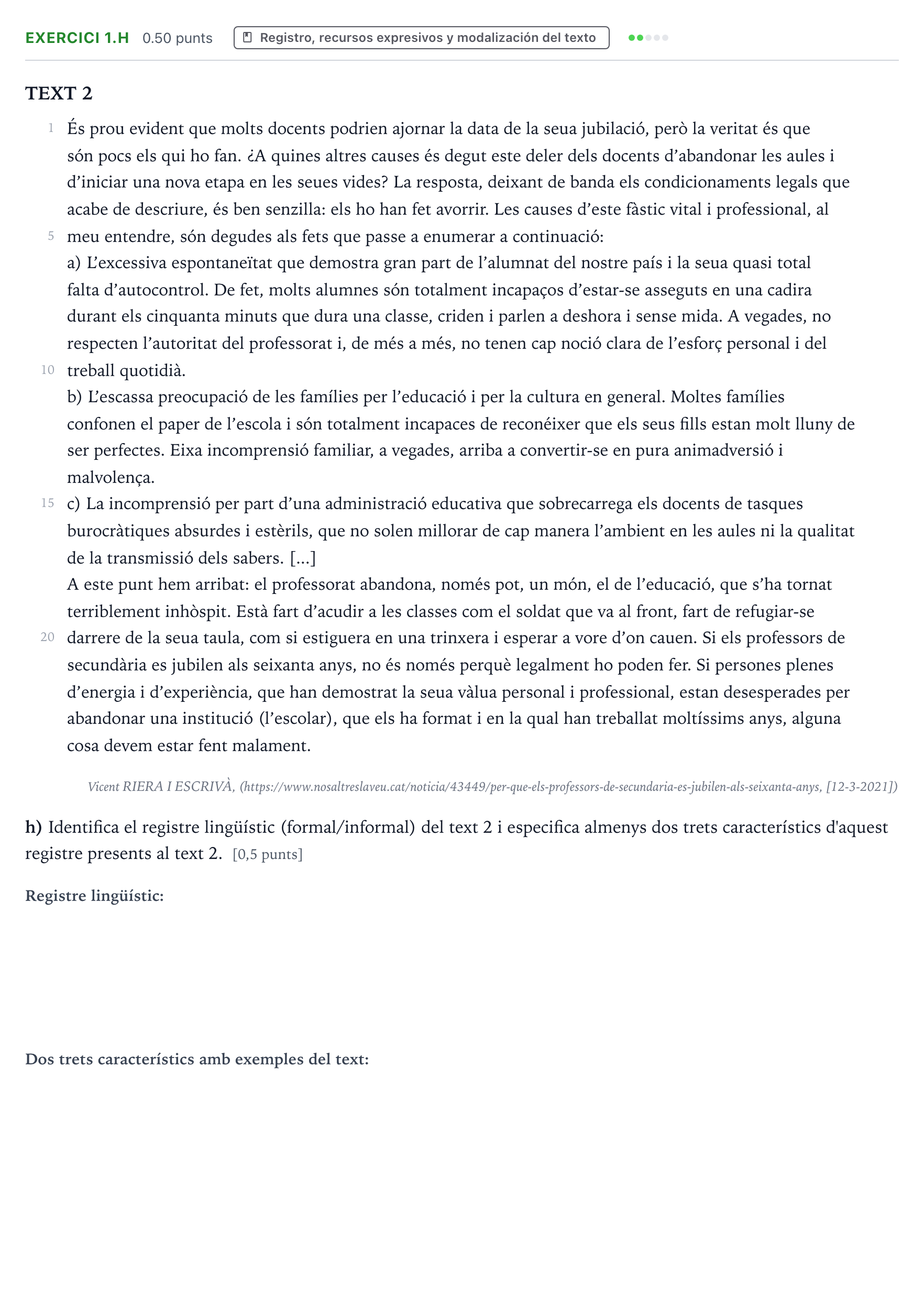 Enunciado: Ejercicio 1.h · Lengua Valenciana y Literatura II PAU Valencia Ordinaria 2021