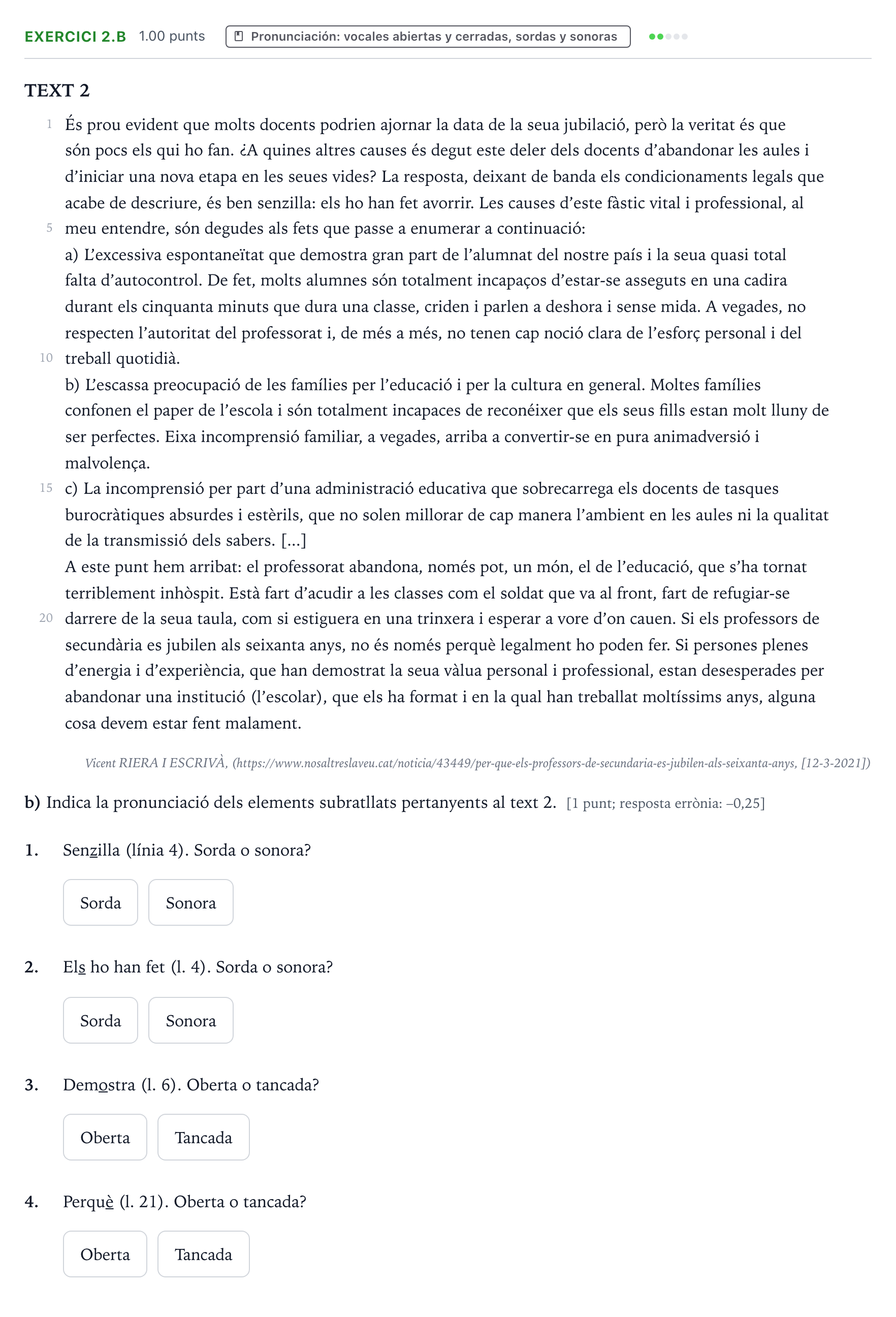 Enunciado: Ejercicio 2.b · Lengua Valenciana y Literatura II PAU Valencia Ordinaria 2021