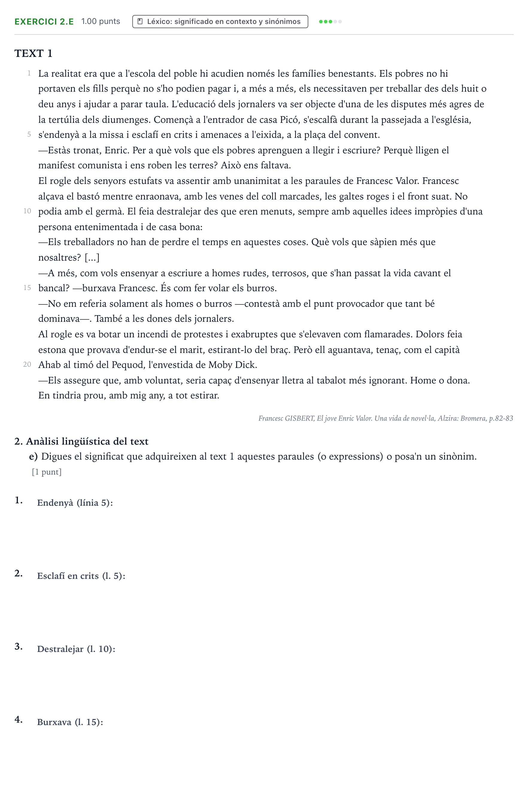 Enunciado: Ejercicio 2.e · Lengua Valenciana y Literatura II PAU Valencia Ordinaria 2021