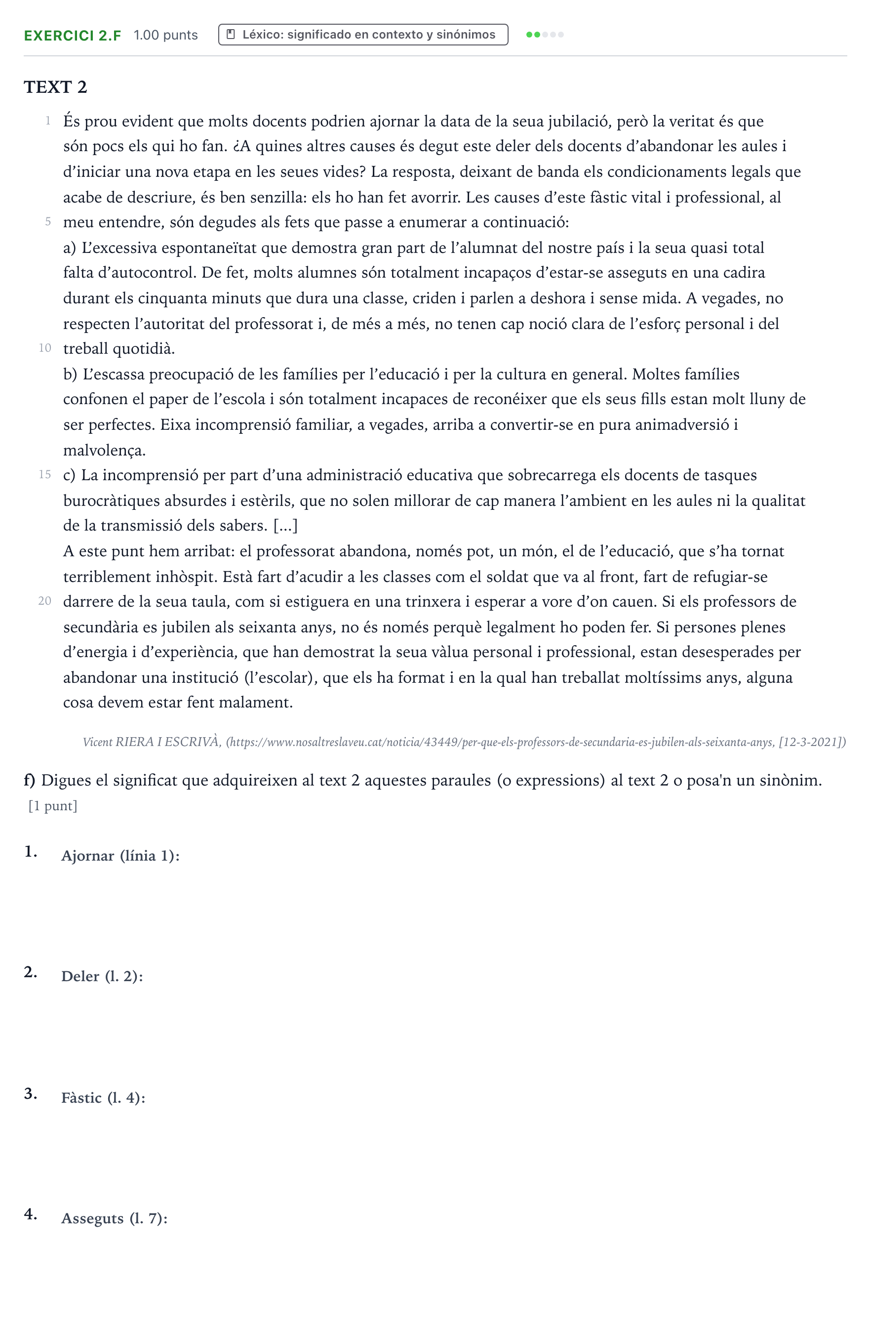 Enunciado: Ejercicio 2.f · Lengua Valenciana y Literatura II PAU Valencia Ordinaria 2021