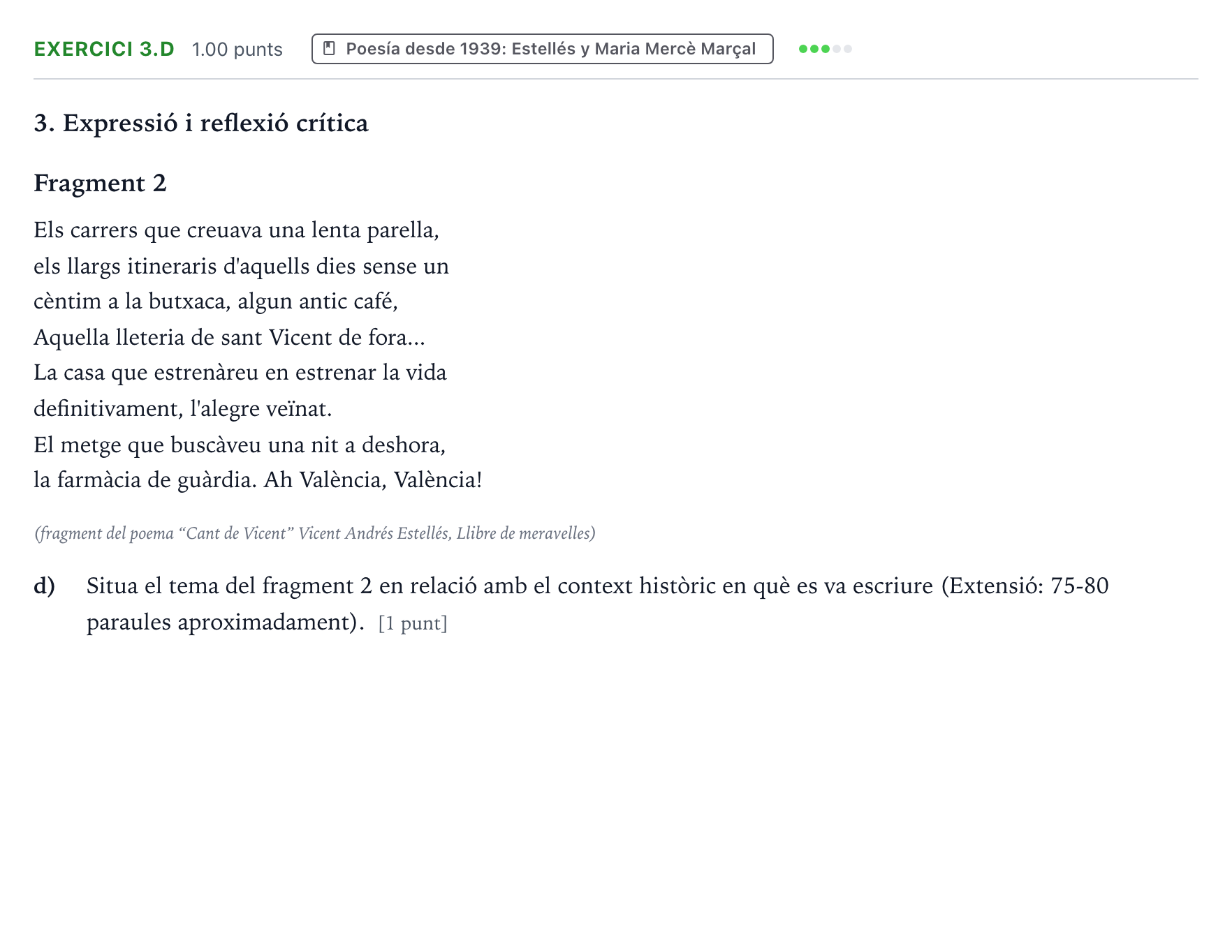 Enunciado: Ejercicio 3.d · Lengua Valenciana y Literatura II PAU Valencia Ordinaria 2021