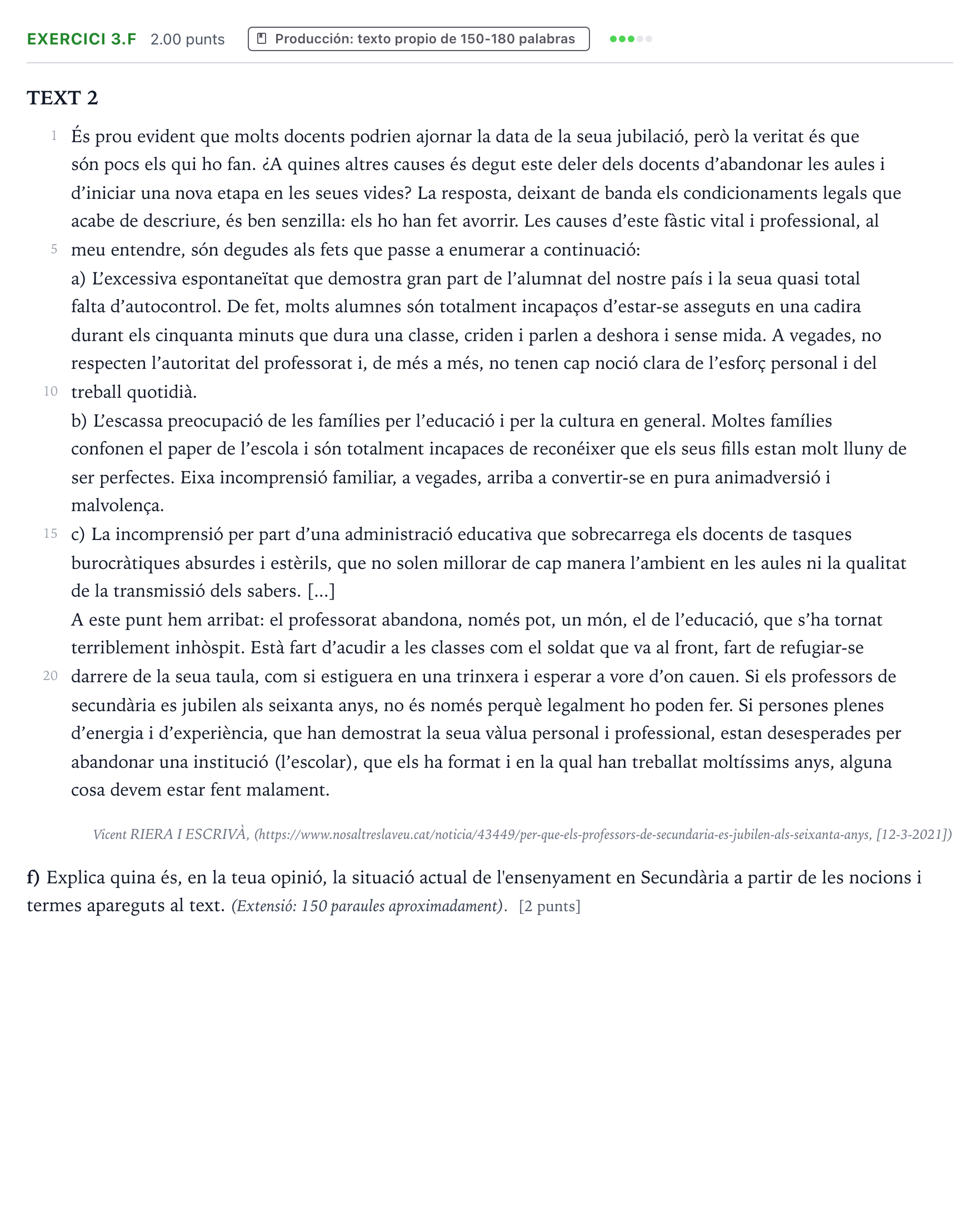 Enunciado: Ejercicio 3.f · Lengua Valenciana y Literatura II PAU Valencia Ordinaria 2021