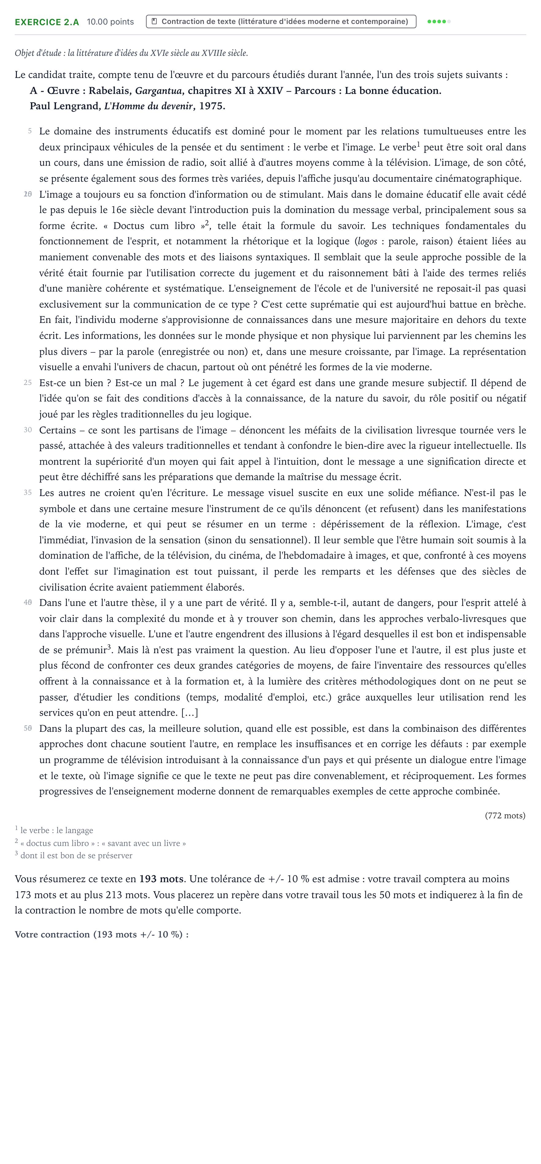 Énoncé: Exercice 2.A - Contraction de texte · Bac STMG Français Antilles-Guyane remplacement 2023