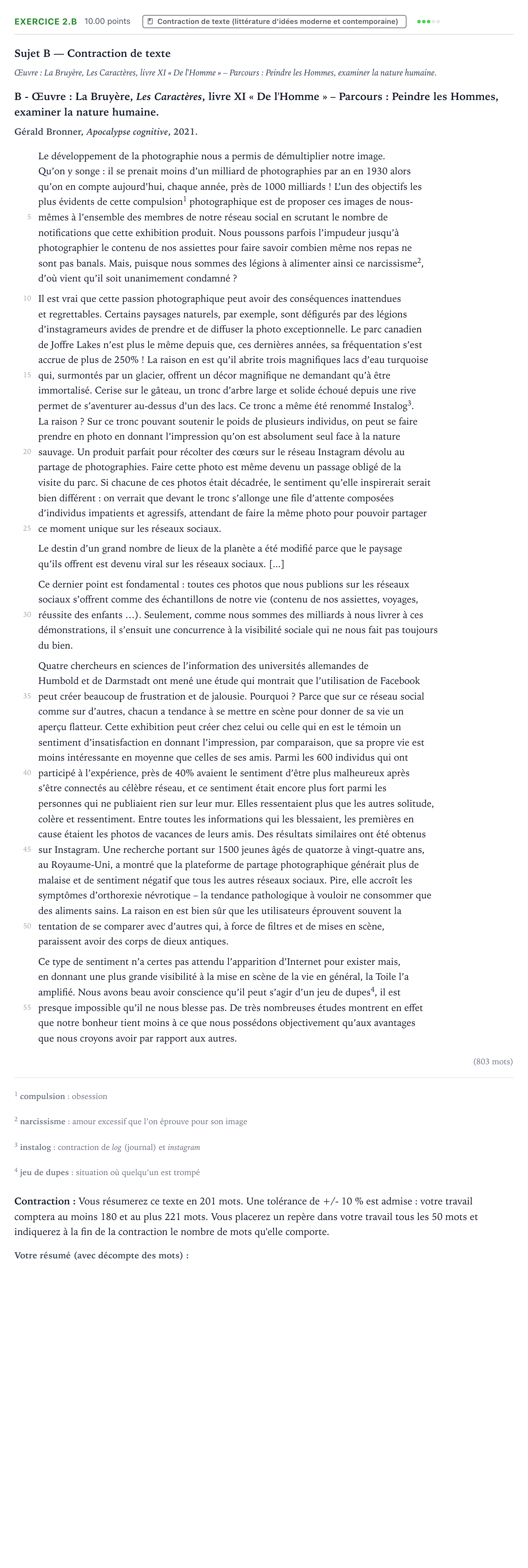 Énoncé: Exercice 2.B - Contraction de texte · Bac STMG Français Polynésie session normale 2023