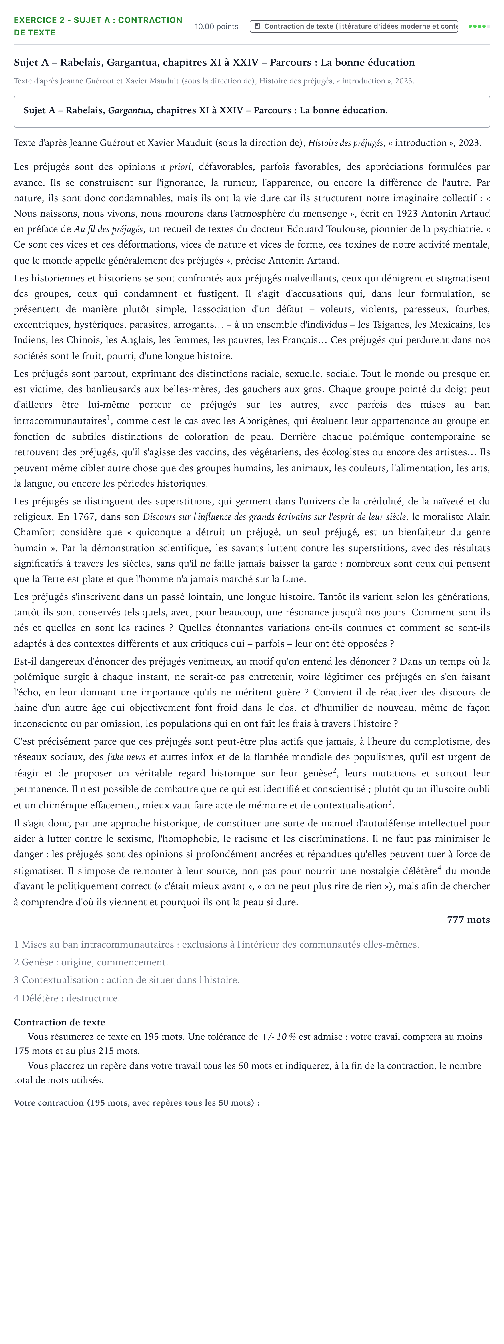Énoncé: Exercice 2 - Sujet A : Contraction de texte · Bac STMG Français Métropole remplacement 2024