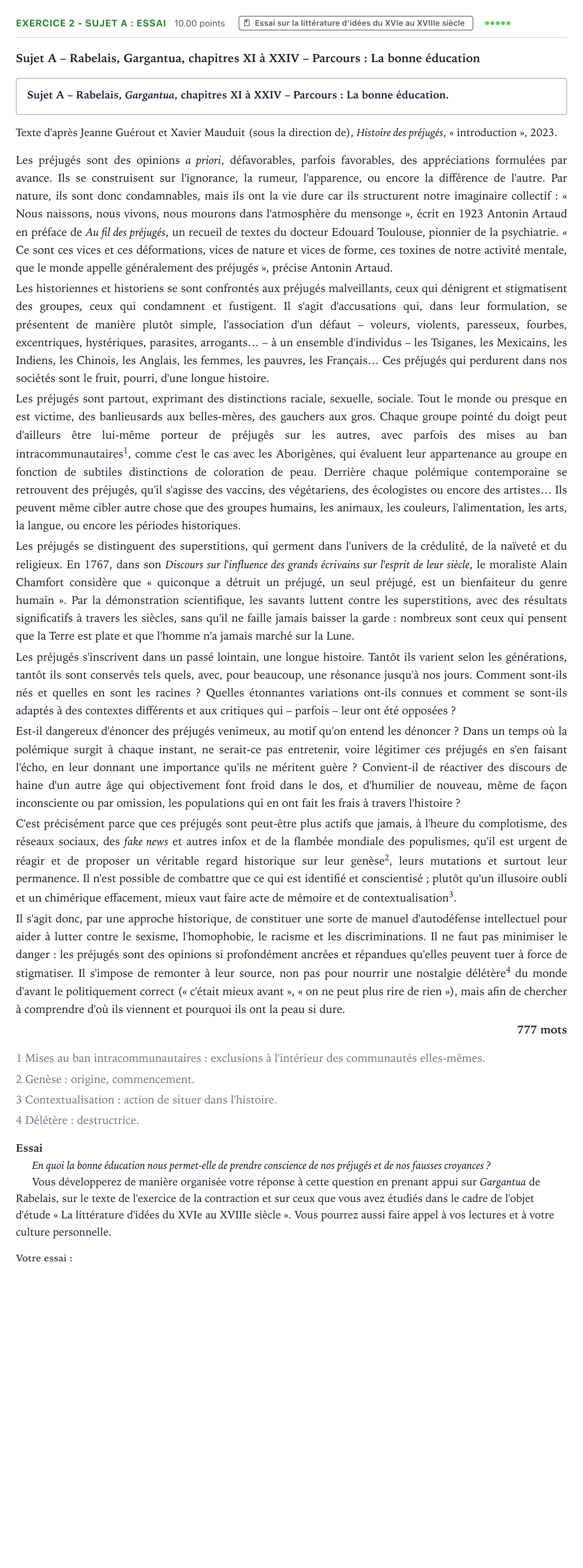 Énoncé: Exercice 2 - Sujet A : Essai · Bac STMG Français Métropole remplacement 2024