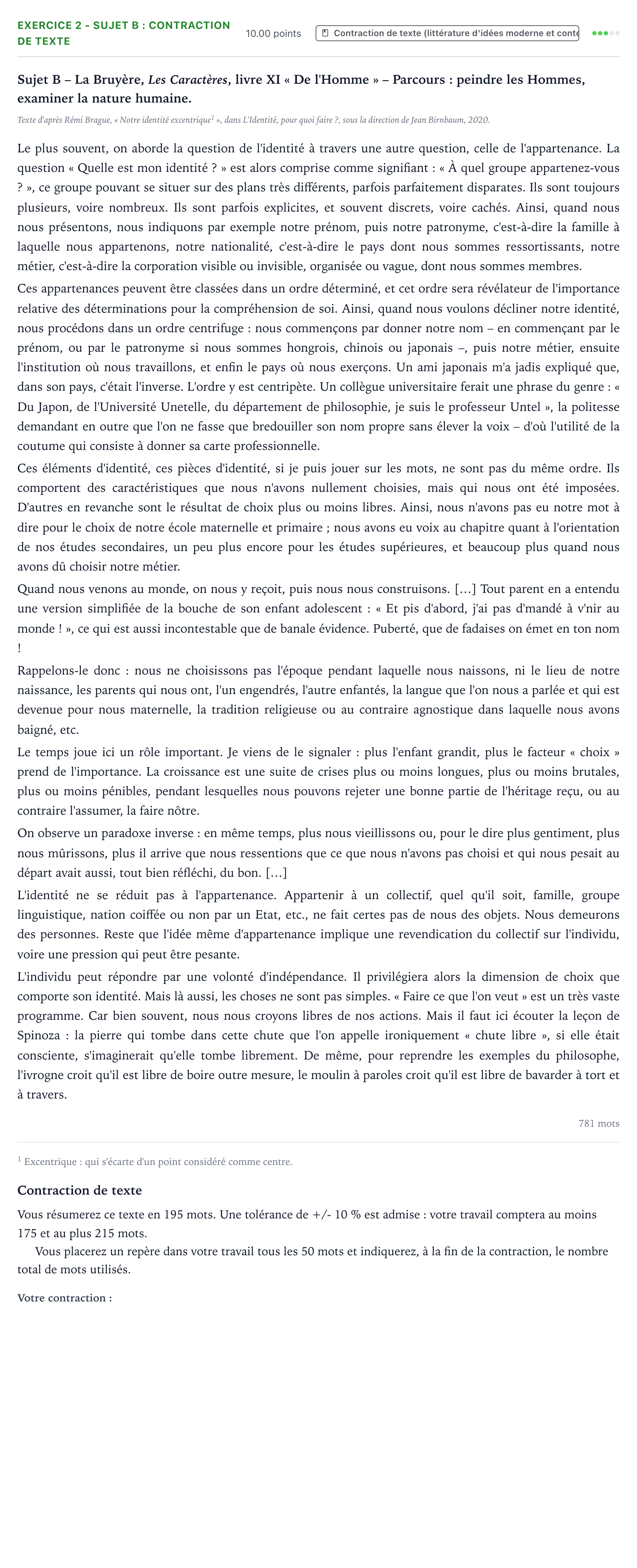 Énoncé: Exercice 2 - Sujet B : Contraction de texte · Bac STMG Français Métropole remplacement 2024