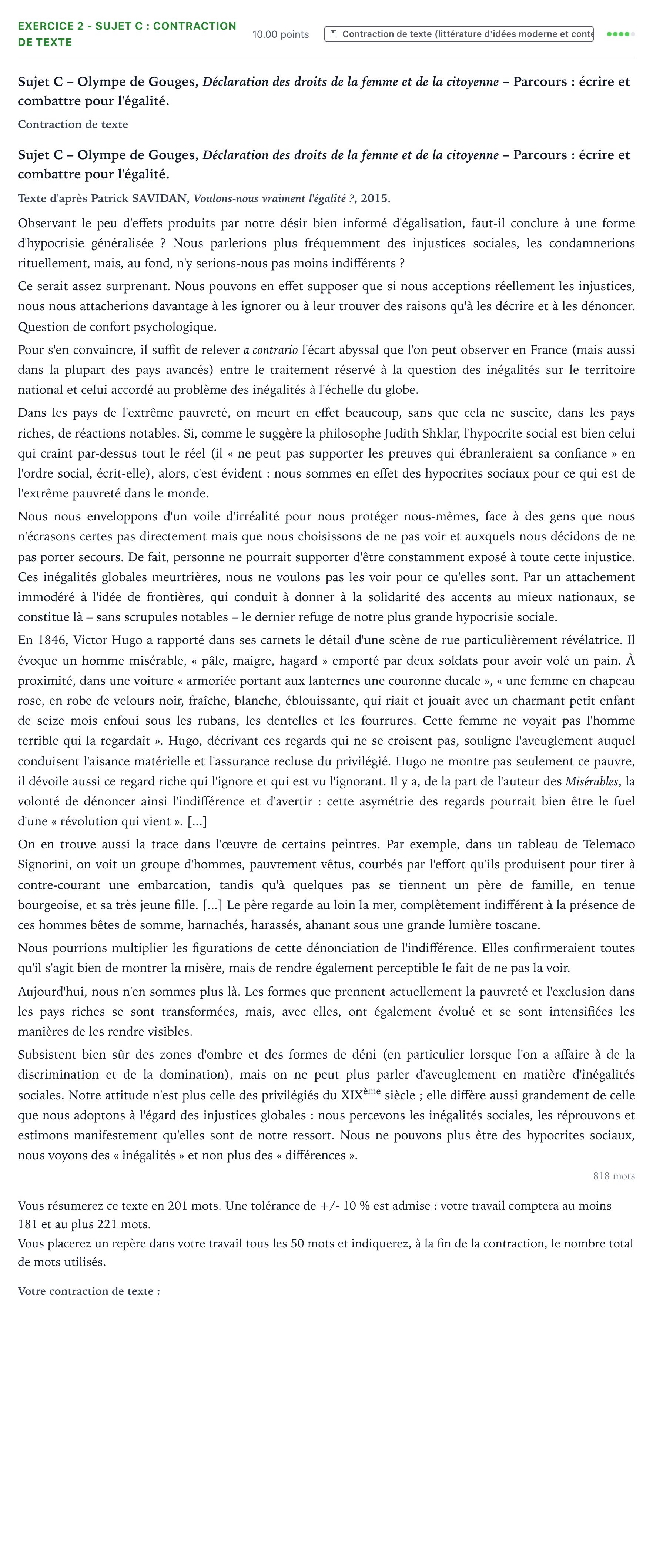 Énoncé: Exercice 2 - Sujet C : Contraction de texte · Bac STMG Français Métropole remplacement 2024