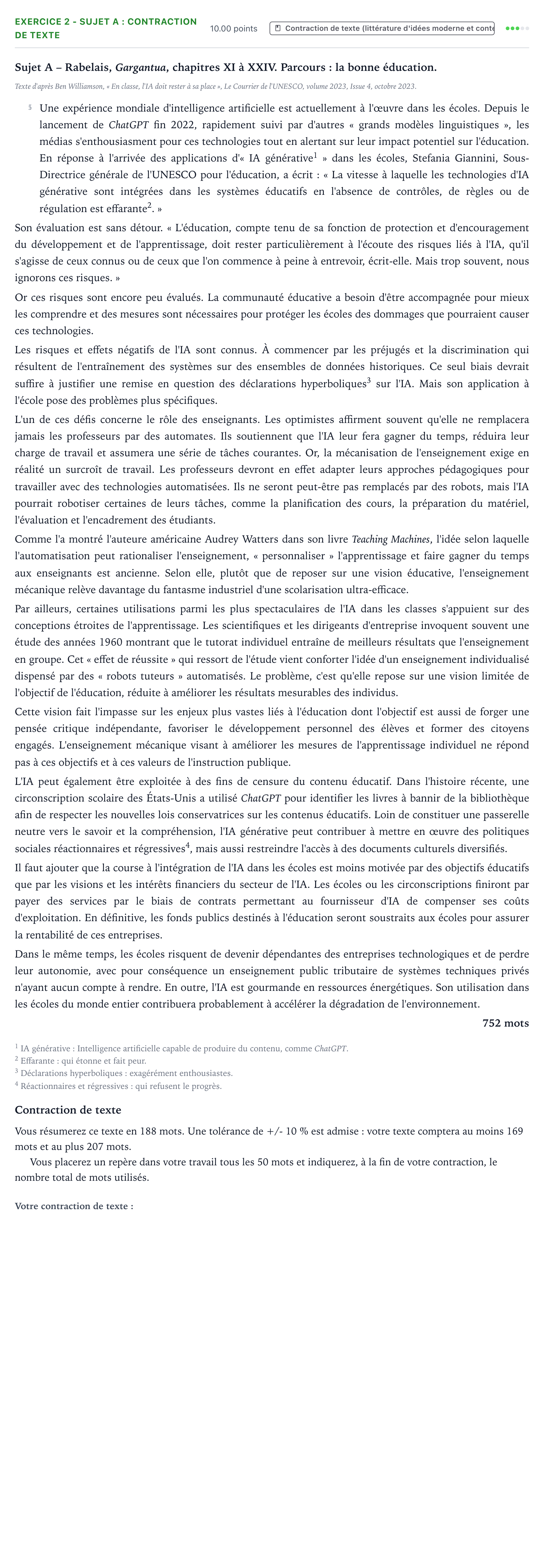 Énoncé: Exercice 2 - Sujet A : Contraction de texte · Bac STMG Français Antilles-Guyane remplacement 2025